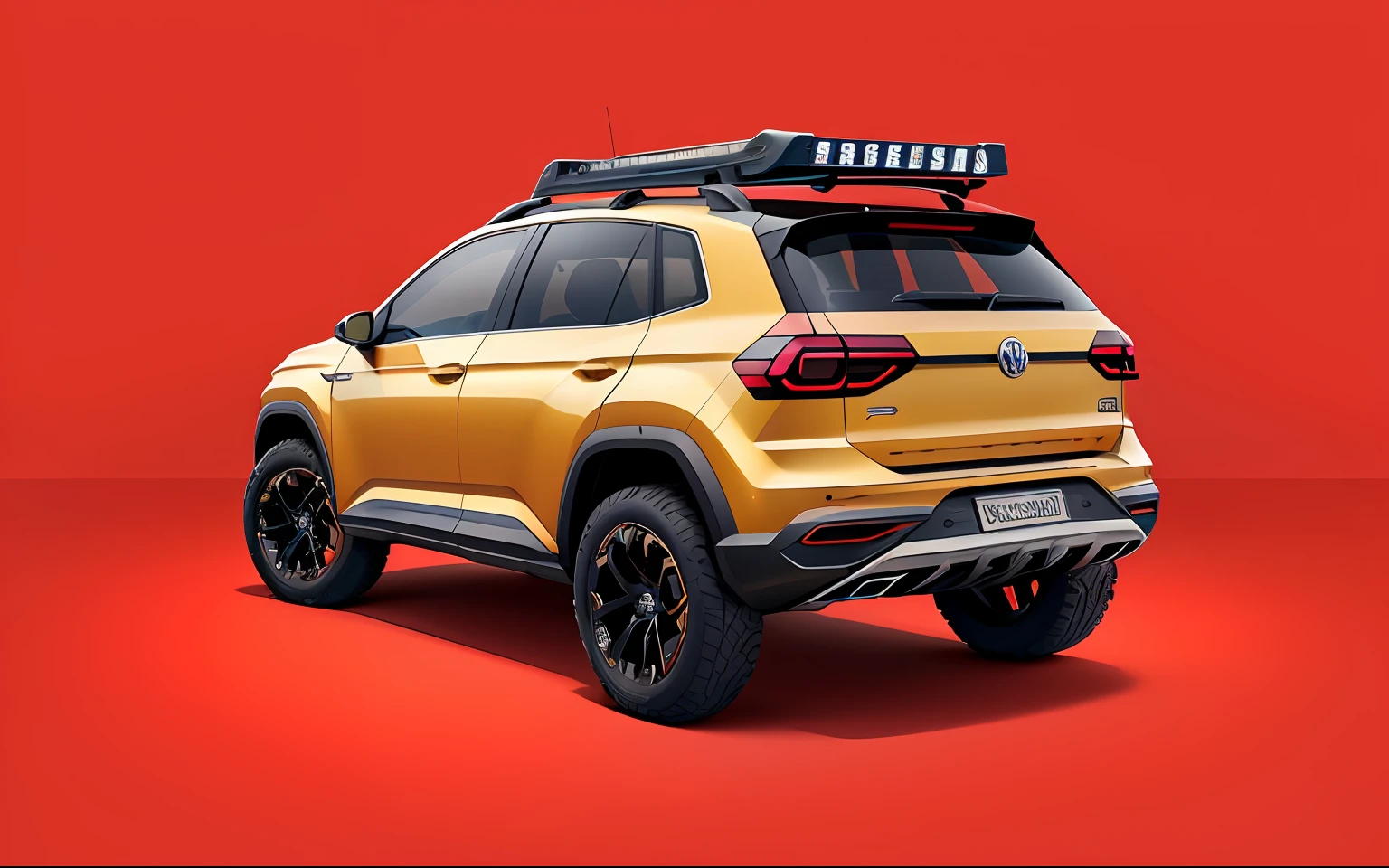 Um closeup de um VW Nivus highline, com rack de teto, estribos nas laterais, Competition Accessories (( pneus grossos e altos)) rodas preta de off-road, quebra mato frontal((( Estilo militar))), trending on vehicle design, dominance, corpo inteiro, corpo inteiro, 4l, gm, desporto, 🕹️ 😎 🔫 🤖 🚬, Detalhe poderoso, Album art, new vehicle, extremamente intrincado, vehicle, Directed by: Karl Völker
