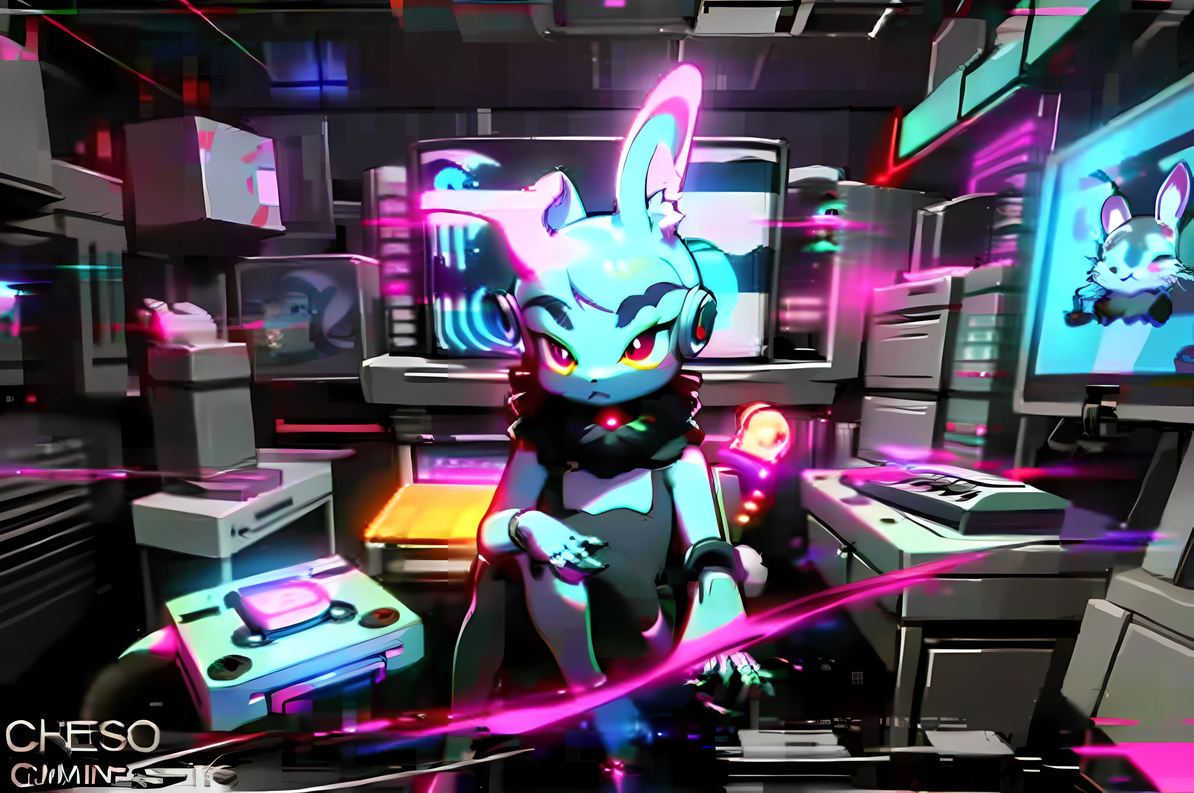 (blame! style abandoned tech landscape), (Zen, Amy Sol style), (((beats to relax/study to))), (((Lofi anthro kemono blue-furred rabbit girl in power armor sitting in metal chair behind computer terminal, behind giant glass terminal screen, beats to relax/study to))), (((blue kemono beastars furry rabbit anime hacker with small soft furry paws))), (((suspended glass cyberpunk computer terminals with robot rabbit in background))), ((glowing cyberdeck screens)), (underground, dark, foggy, perilous, abandoned dystopian apartment bedroom, deep windows), (abstract anthro rabbit figure wearing bunny ears), cover art with light abstraction, abstract, simple vector art, contemporary Cybernetic art, color gradients, soft color palettes, layered forms, whimsical animation, style Ethereal abstract, 4K, --v6