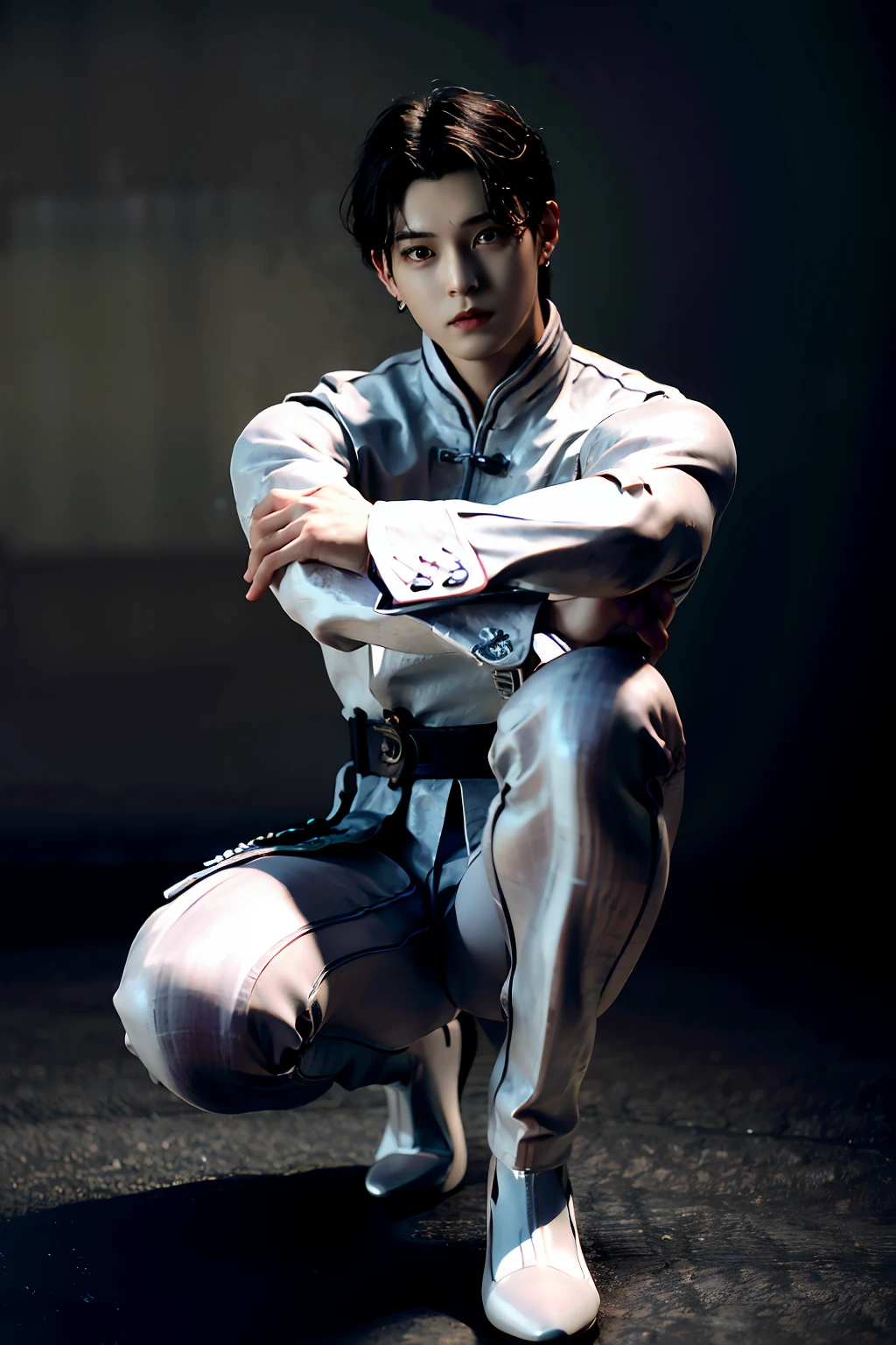 Best quality,A high resolution,A high resolution,4K,8K,3Drenderingof,Low light,Physical rendering,Masterpiece,(full bodyesbian),Libido boy,Long Haochen,Solo,looking at viewert,Seductive feet