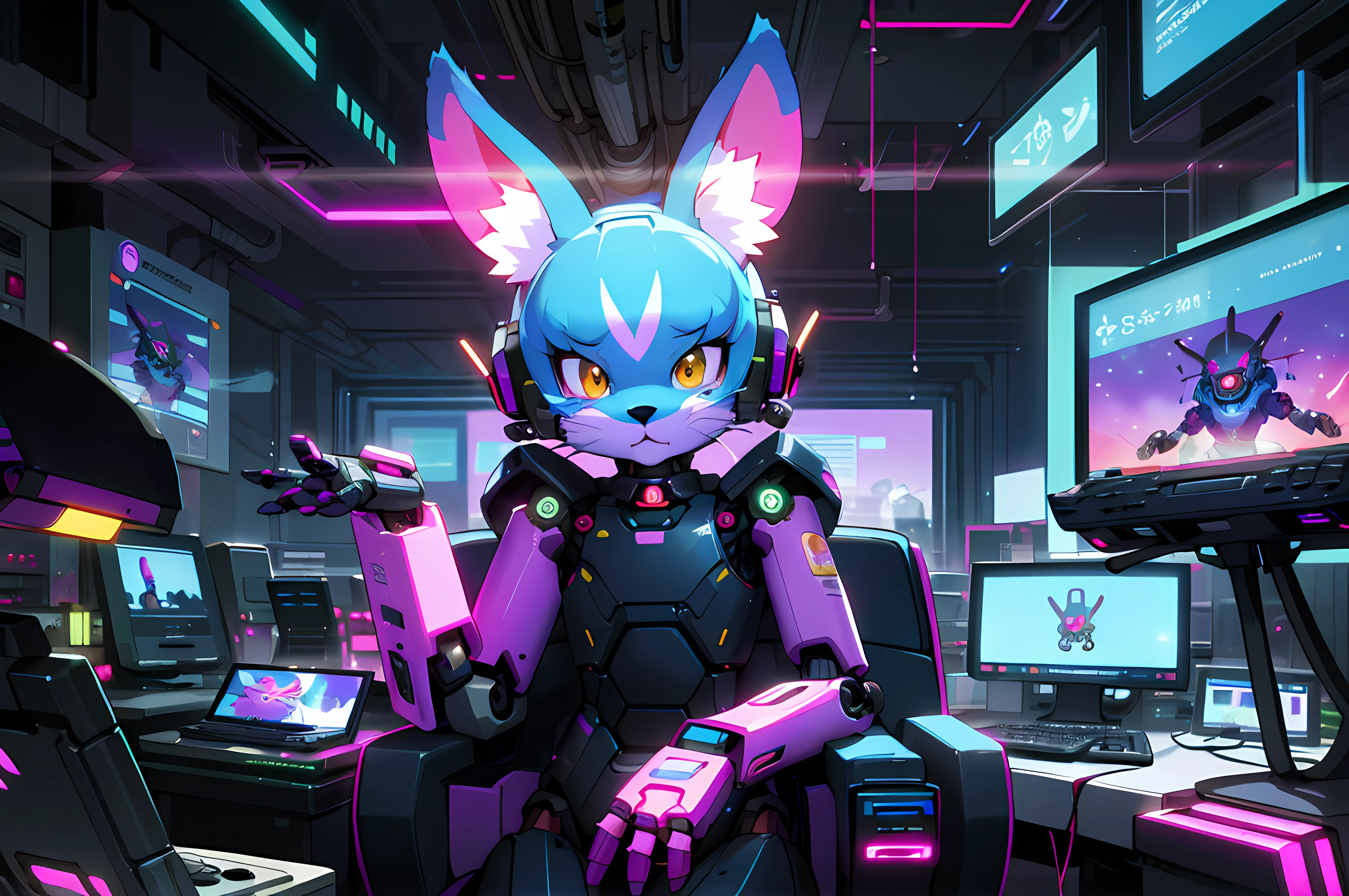 (blame! style abandoned tech landscape), (Zen, Amy Sol style), (((beats to relax/study to))), (((Lofi anthro kemono blue-furred rabbit girl in power armor sitting in metal chair behind computer terminal, behind giant glass terminal screen, beats to relax/study to))), (((blue kemono beastars furry rabbit anime hacker with small soft furry paws))), (((suspended glass cyberpunk computer terminals with robot rabbit in background))), ((glowing cyberdeck screens)), (underground, dark, foggy, perilous, abandoned dystopian apartment bedroom, deep windows), (abstract anthro rabbit figure wearing bunny ears), cover art with light abstraction, abstract, simple vector art, contemporary Cybernetic art, color gradients, soft color palettes, layered forms, whimsical animation, style Ethereal abstract, 4K, --v6