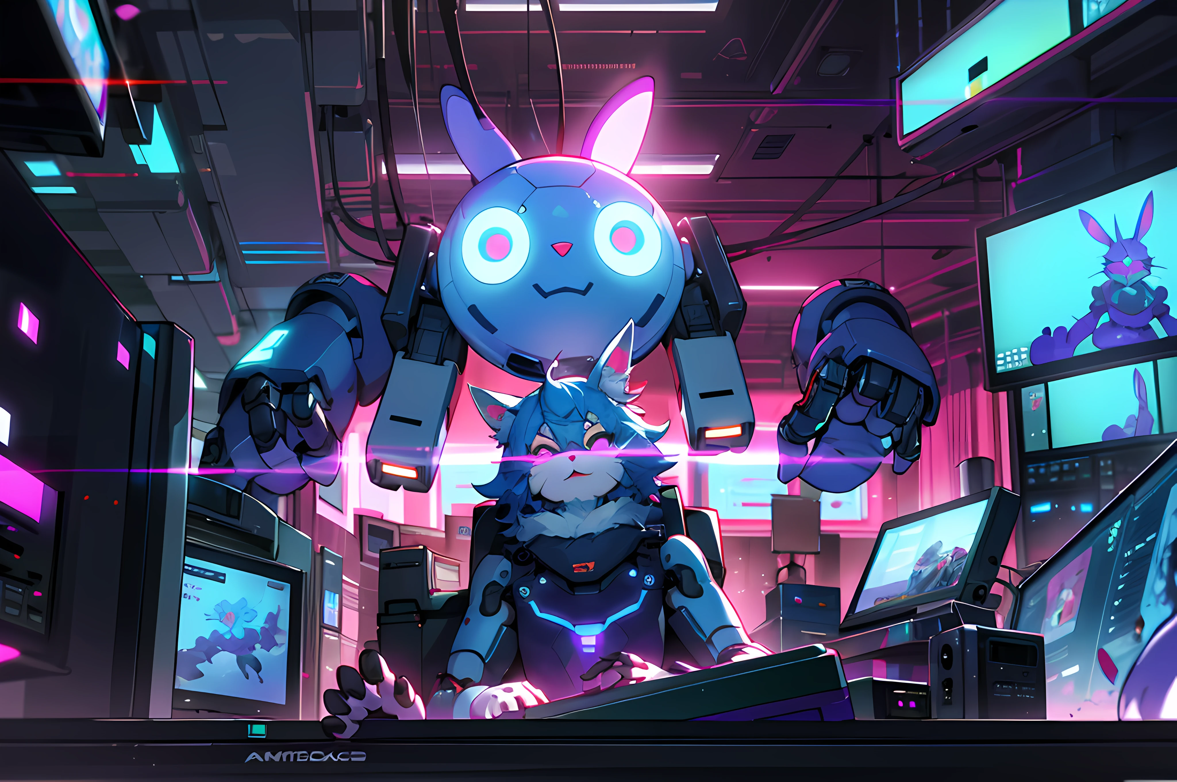 (blame! style abandoned tech landscape), (Zen, Amy Sol style), (((beats to relax/study to))), (((Lofi anthro kemono blue-furred rabbit girl in power armor sitting in metal chair behind computer terminal, behind giant glass terminal screen, beats to relax/study to))), (((blue kemono beastars furry rabbit anime hacker with small soft furry paws))), (((suspended glass cyberpunk computer terminals with robot rabbit in background))), ((glowing cyberdeck screens)), (underground, dark, foggy, perilous, abandoned dystopian apartment bedroom, deep windows), (abstract anthro rabbit figure wearing bunny ears), cover art with light abstraction, abstract, simple vector art, contemporary Cybernetic art, color gradients, soft color palettes, layered forms, whimsical animation, style Ethereal abstract, 4K, --v6