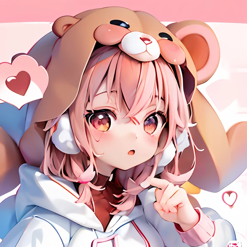 Anime girl with brown bear hoodie with pink hair and hearts in ears, (Anime Girl), Cute anime girl, portrait of cute anime girlbabes, Haruno Sakura, Anime Girl, an anime girl, cute anime style, Cute anime face, cute kawaii girl, Cute Anime, Anime visuals of cute girls, kawaii anime manga style, portrait of cute anime girlbabes