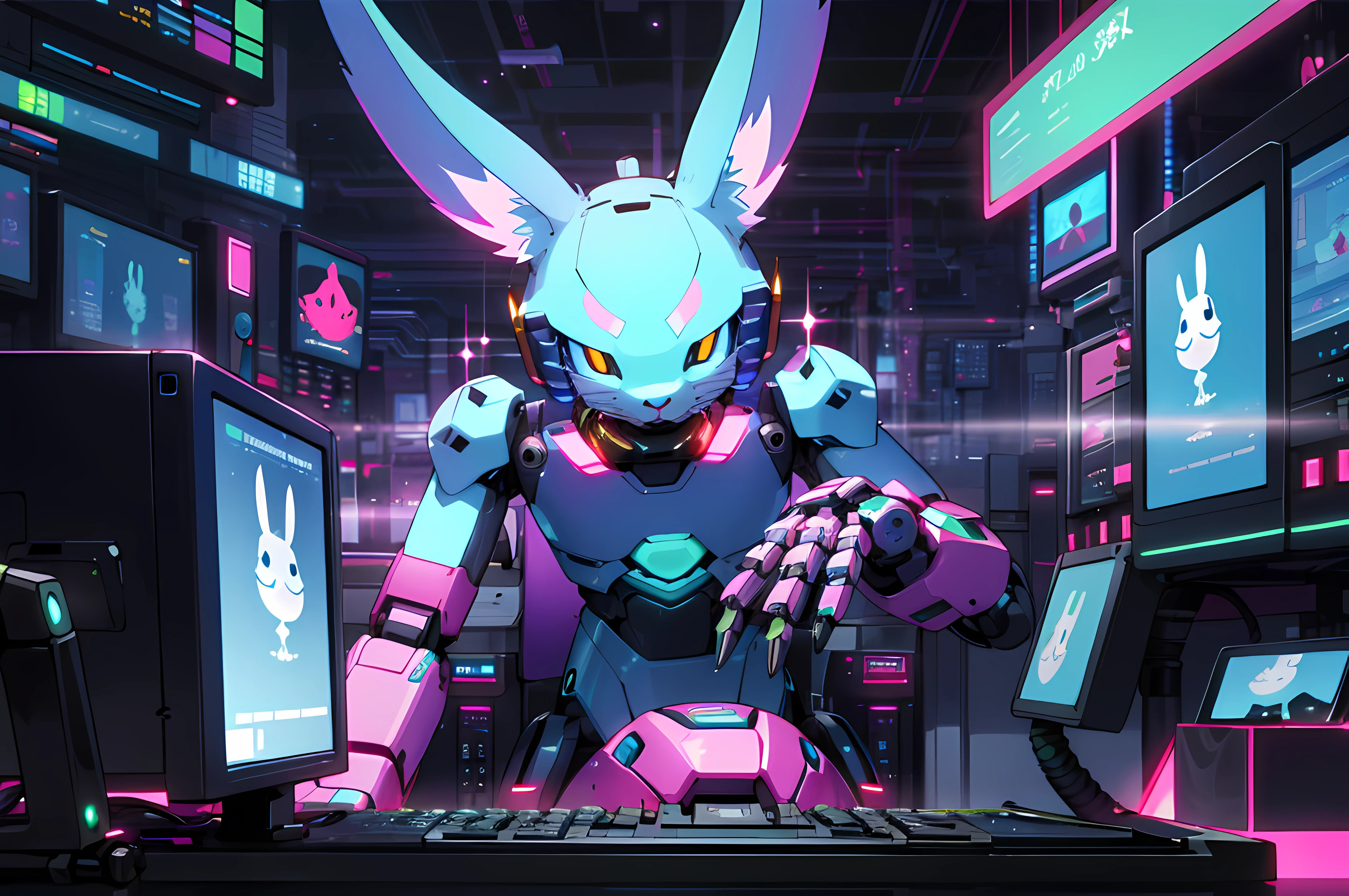 (blame! style abandoned tech landscape), (Zen, Amy Sol style), (((beats to relax/study to))), (((Lofi anthro kemono blue-furred rabbit girl in power armor sitting in metal chair behind computer terminal, behind giant glass terminal screen, beats to relax/study to))), (((blue kemono beastars furry rabbit anime hacker with small soft furry paws))), (((suspended glass cyberpunk computer terminals with robot rabbit in background))), ((glowing cyberdeck screens)), (underground, dark, foggy, perilous, abandoned dystopian apartment bedroom, deep windows), (abstract anthro rabbit figure wearing bunny ears), cover art with light abstraction, abstract, simple vector art, contemporary Cybernetic art, color gradients, soft color palettes, layered forms, whimsical animation, style Ethereal abstract, 4K, --v6