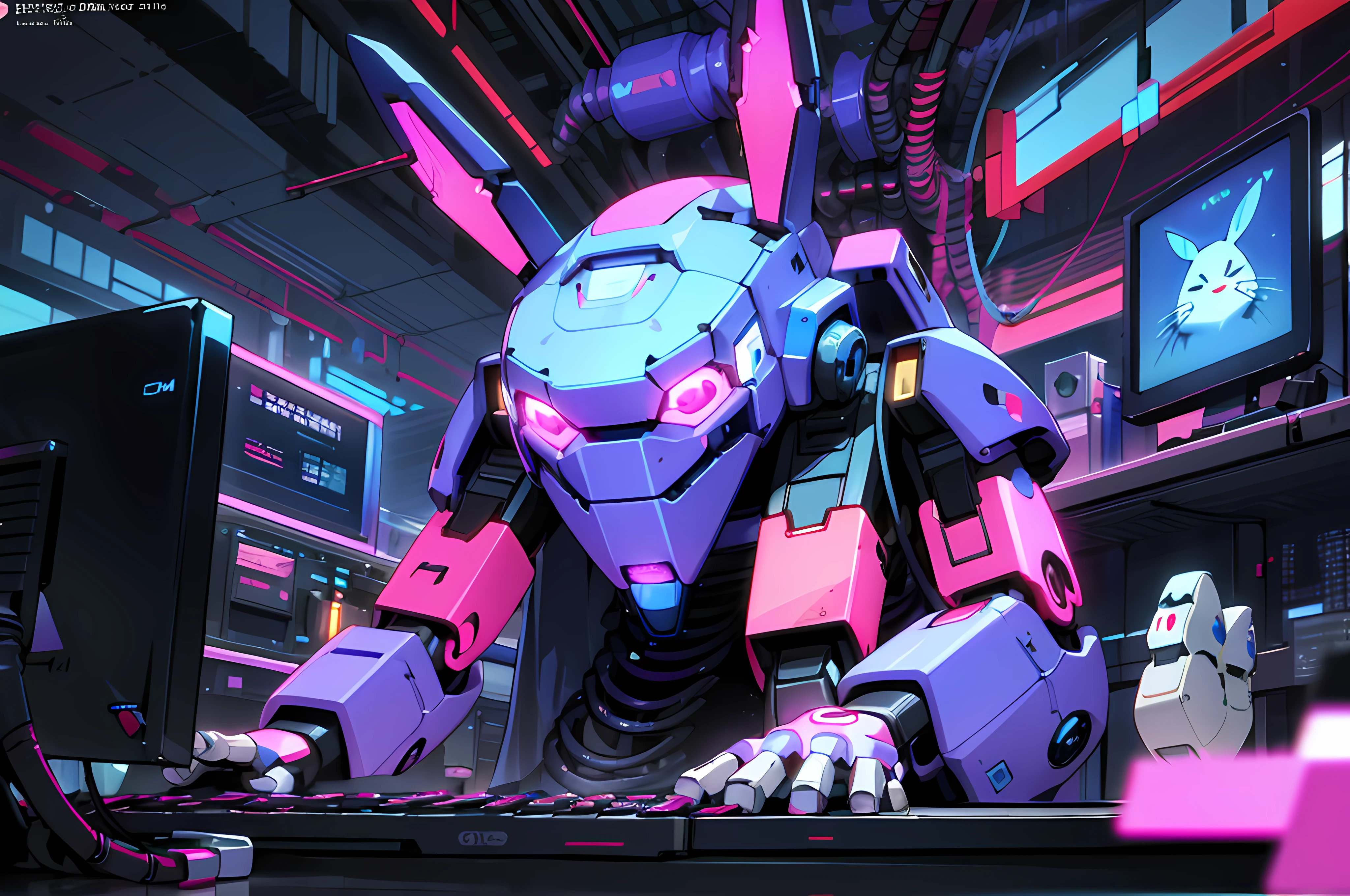 (blame! style abandoned tech landscape), (Zen, Amy Sol style), (((beats to relax/study to))), (((Lofi anthro kemono blue-furred rabbit girl in power armor sitting in metal chair behind computer terminal, behind giant glass terminal screen, beats to relax/study to))), (((blue kemono beastars furry rabbit anime hacker with small soft furry paws))), (((suspended glass cyberpunk computer terminals with robot rabbit in background))), ((glowing cyberdeck screens)), (underground, dark, foggy, perilous, abandoned dystopian apartment bedroom, deep windows), (abstract anthro rabbit figure wearing bunny ears), cover art with light abstraction, abstract, simple vector art, contemporary Cybernetic art, color gradients, soft color palettes, layered forms, whimsical animation, style Ethereal abstract, 4K, --v6
