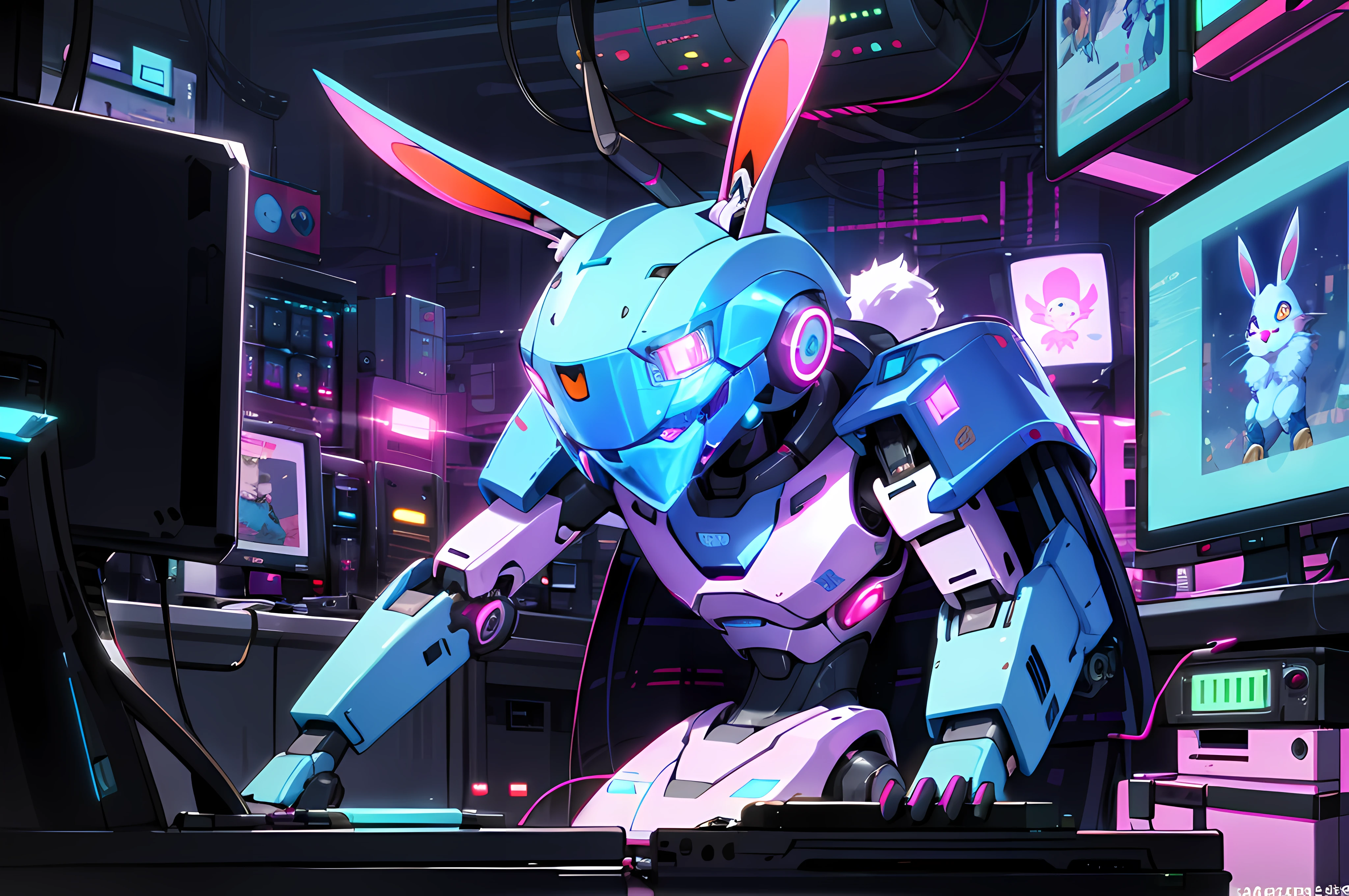(blame! style abandoned tech landscape), (Zen, Amy Sol style), (((beats to relax/study to))), (((Lofi anthro kemono blue-furred rabbit girl in power armor sitting in metal chair behind computer terminal, behind giant glass terminal screen, beats to relax/study to))), (((blue kemono beastars furry rabbit anime hacker with small soft furry paws))), (((suspended glass cyberpunk computer terminals with robot rabbit in background))), ((glowing cyberdeck screens)), (underground, dark, foggy, perilous, abandoned dystopian apartment bedroom, deep windows), (abstract anthro rabbit figure wearing bunny ears), cover art with light abstraction, abstract, simple vector art, contemporary Cybernetic art, color gradients, soft color palettes, layered forms, whimsical animation, style Ethereal abstract, 4K, --v6