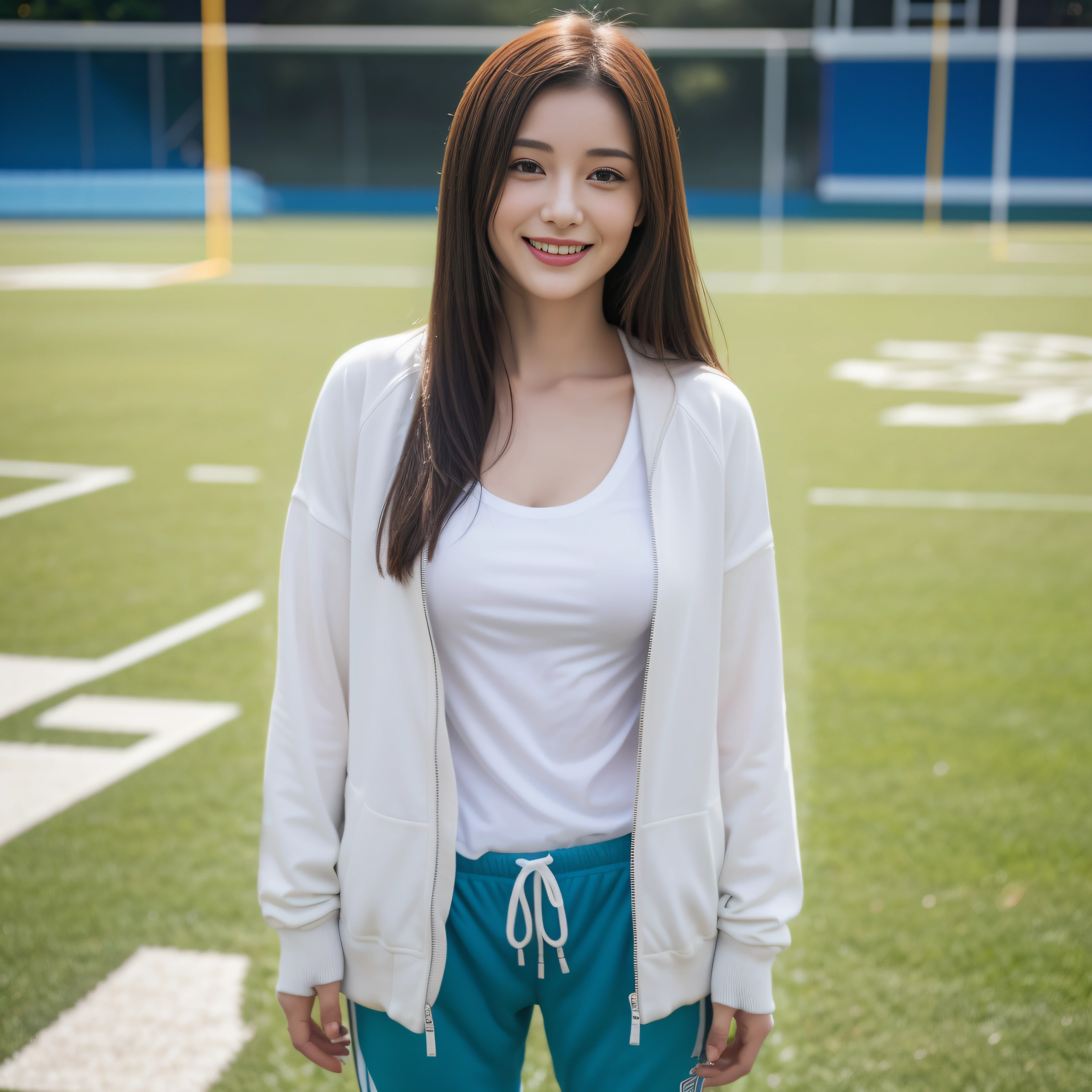 Alafed Asian woman in white shirt and blue pants stands in front of football field, Beautiful young Korean woman, a young asian woman, Gorgeous young Korean woman, Korean Woman, Young Asian Woman, beautiful Korean women, asian female, in a white shirt, Korean Girl, Beautiful young asian woman, wearing white camisole, Beautiful Asian Woman, wearing tight shirt