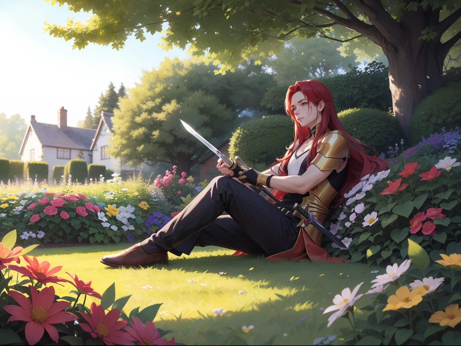 Best quality, 4k, long haired guy, red hair, with a golden armer, in a british garden, garden, sunny day, soft light, 11am, Gaussian blur, armer guys practicing sword in back ground, blured on background, garden filled with flower bushes, daily life, relaxing, taking a rest,