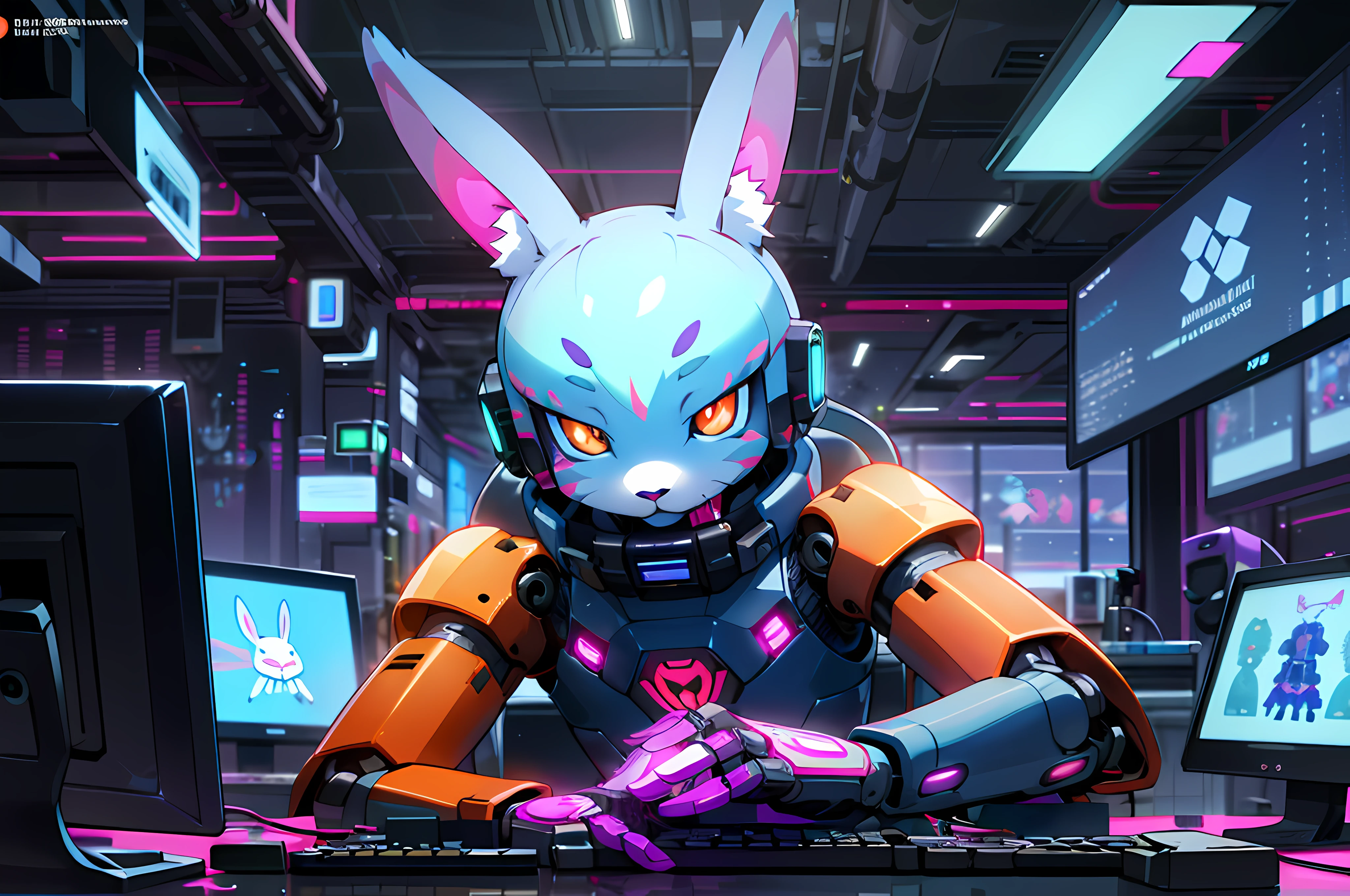 (blame! style abandoned tech landscape), (Zen, Amy Sol style), (((beats to relax/study to))), (((Lofi anthro kemono blue-furred rabbit girl in power armor sitting in metal chair behind computer terminal, behind giant glass terminal screen, beats to relax/study to))), (((blue kemono beastars furry rabbit anime hacker with small soft furry paws))), (((suspended glass cyberpunk computer terminals with robot rabbit in background))), ((glowing cyberdeck screens)), (underground, dark, foggy, perilous, abandoned dystopian apartment bedroom, deep windows), (abstract anthro rabbit figure wearing bunny ears), cover art with light abstraction, abstract, simple vector art, contemporary Cybernetic art, color gradients, soft color palettes, layered forms, whimsical animation, style Ethereal abstract, 4K, --v6