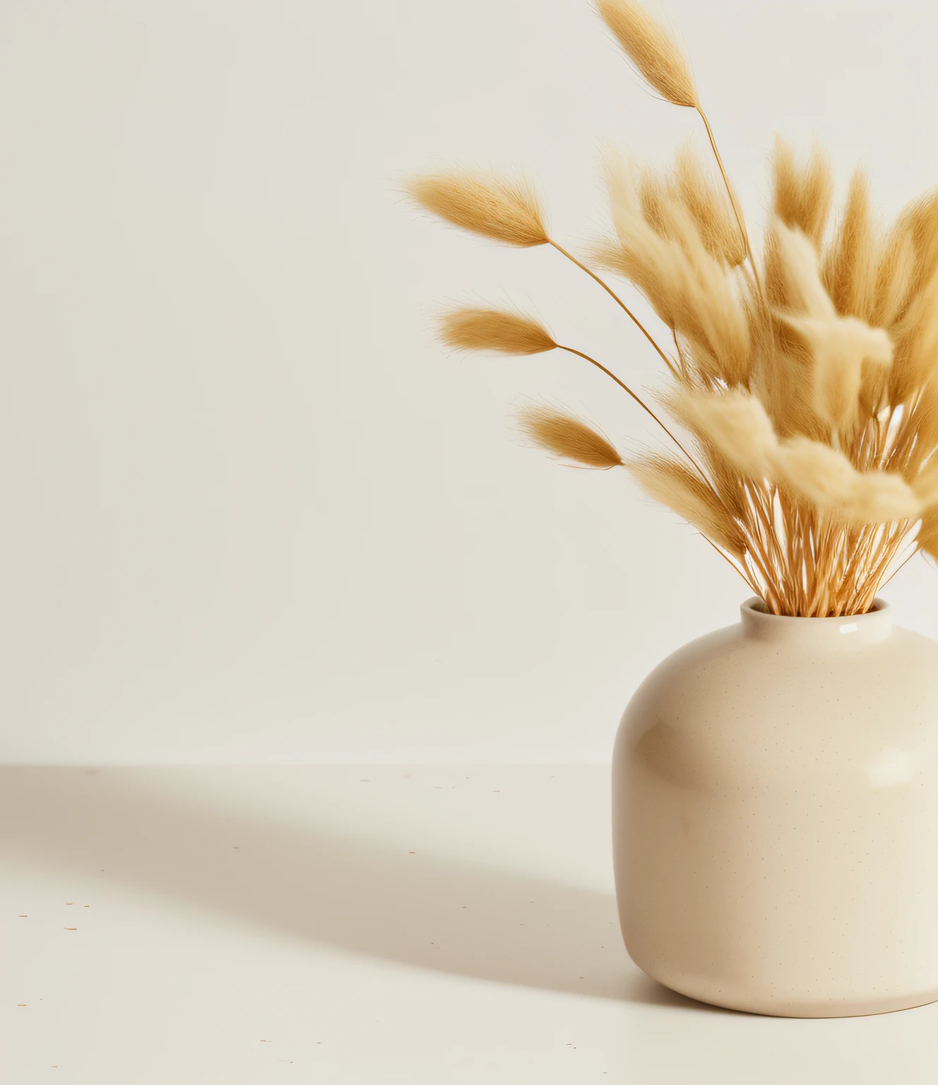 There is a white vase with some dry grass in it, Foto DSLR de um vaso em uma mesa, flores secas, vaso branco, flores e caules, plantas secas, base texturizada ; Fotos do produto, vaso com flores, flor seca, middle close up composition, Natureza morta com vaso branco, product introduction photo, Ensaio do produto, white organic ceramics, playful composition