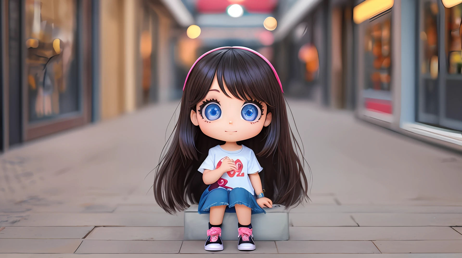 Uma girl pixar personagem  boneca girl, morena olhos castanhos,  estilo  (chibi ) Kawaii 3D HD well detailed denim outfit wearing sneakers beautiful scenery in a deformed mall, deformed hand, dedos colados, duplicate heads, arte ruim, qualidade baixa, defective hands, dedos fundidos, fused hands, pernas deformadas --auto --s2