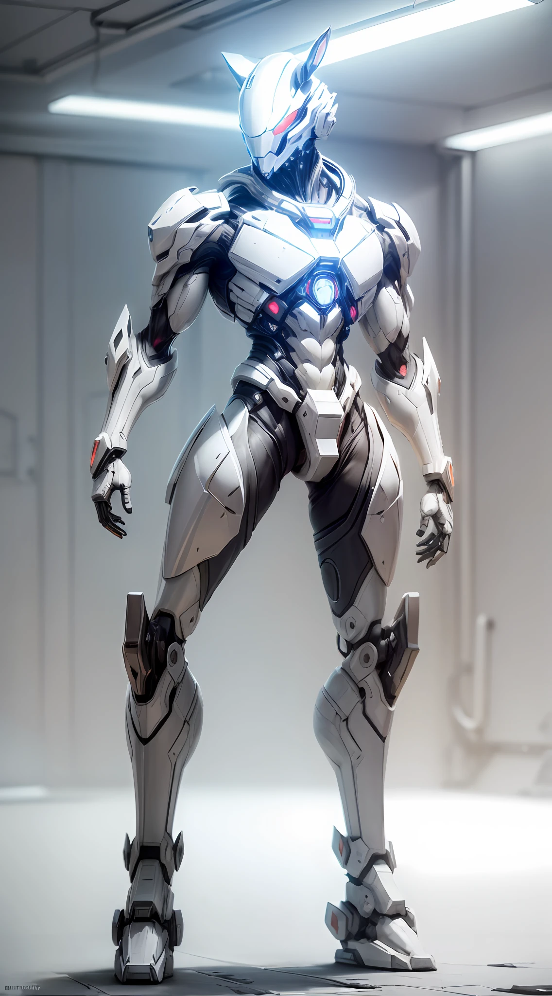 (anthropomorphism:1.5),(Full Body Shot), Cyberpunk, In the middle, 1 white rat mecha(Mechanical style white rat head,  Exquisite Helmet:1.2, muscular limbs, muscular body), Standing on two legs, nobody,  Dreamy Glow,clean,white background, ( Global illumination, raytracing, HDR, unreal render,reasonable design, masterpiece, best quality, UHD, Cinematic Lighting)