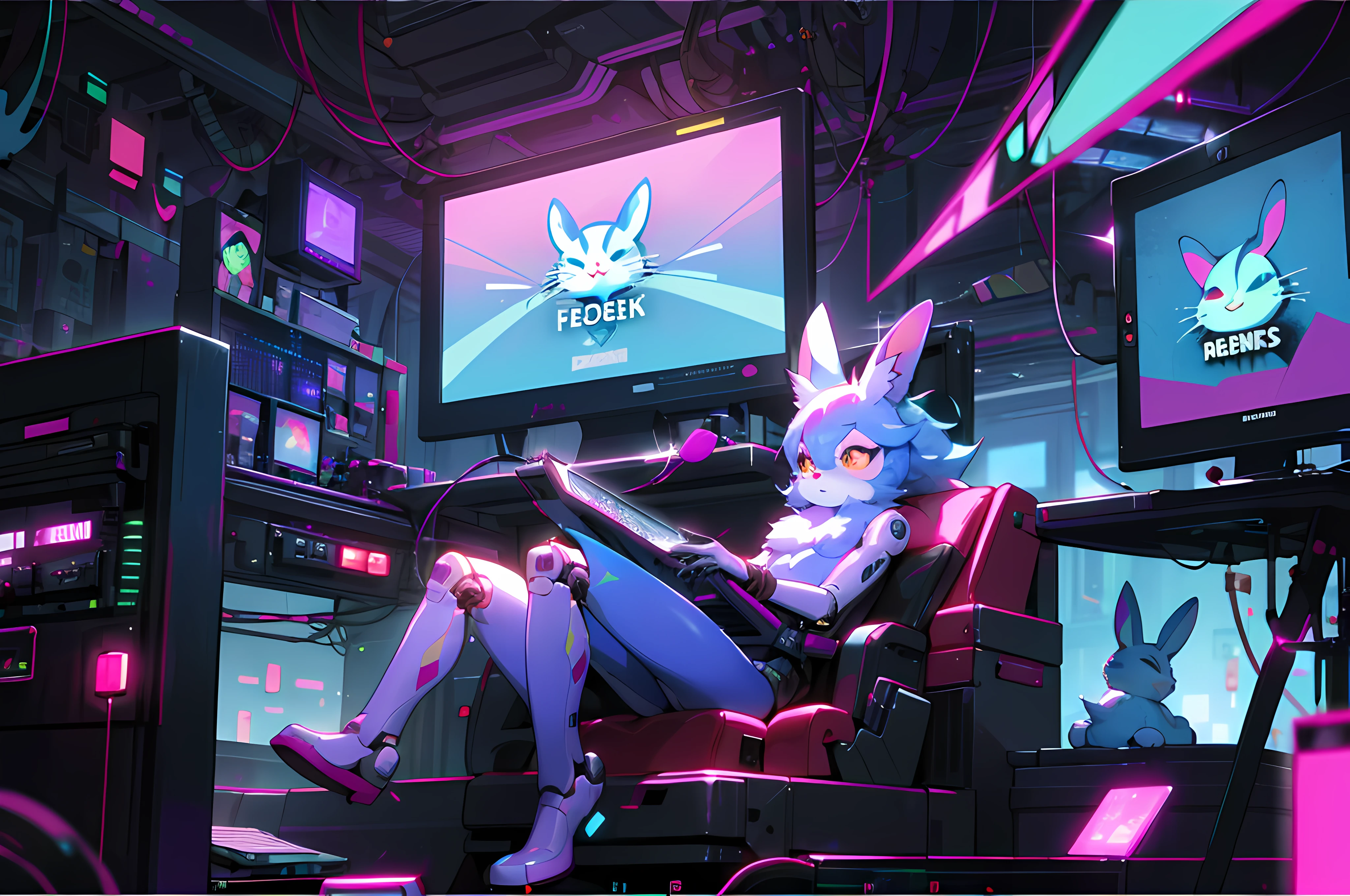 (blame! style abandoned tech landscape), (Zen, Amy Sol style), (((beats to relax/study to))), (((Lofi anthro kemono blue-furred rabbit girl in power armor sitting in metal chair behind computer terminal, behind giant glass terminal screen, beats to relax/study to))), (((blue kemono beastars furry rabbit anime hacker with small soft furry paws))), (((suspended glass cyberpunk computer terminals with robot rabbit in background))), ((glowing cyberdeck screens)), (underground, dark, foggy, perilous, abandoned dystopian apartment bedroom, deep windows), (abstract anthro rabbit figure wearing bunny ears), cover art with light abstraction, abstract, simple vector art, contemporary Cybernetic art, color gradients, soft color palettes, layered forms, whimsical animation, style Ethereal abstract, 4K, --v6