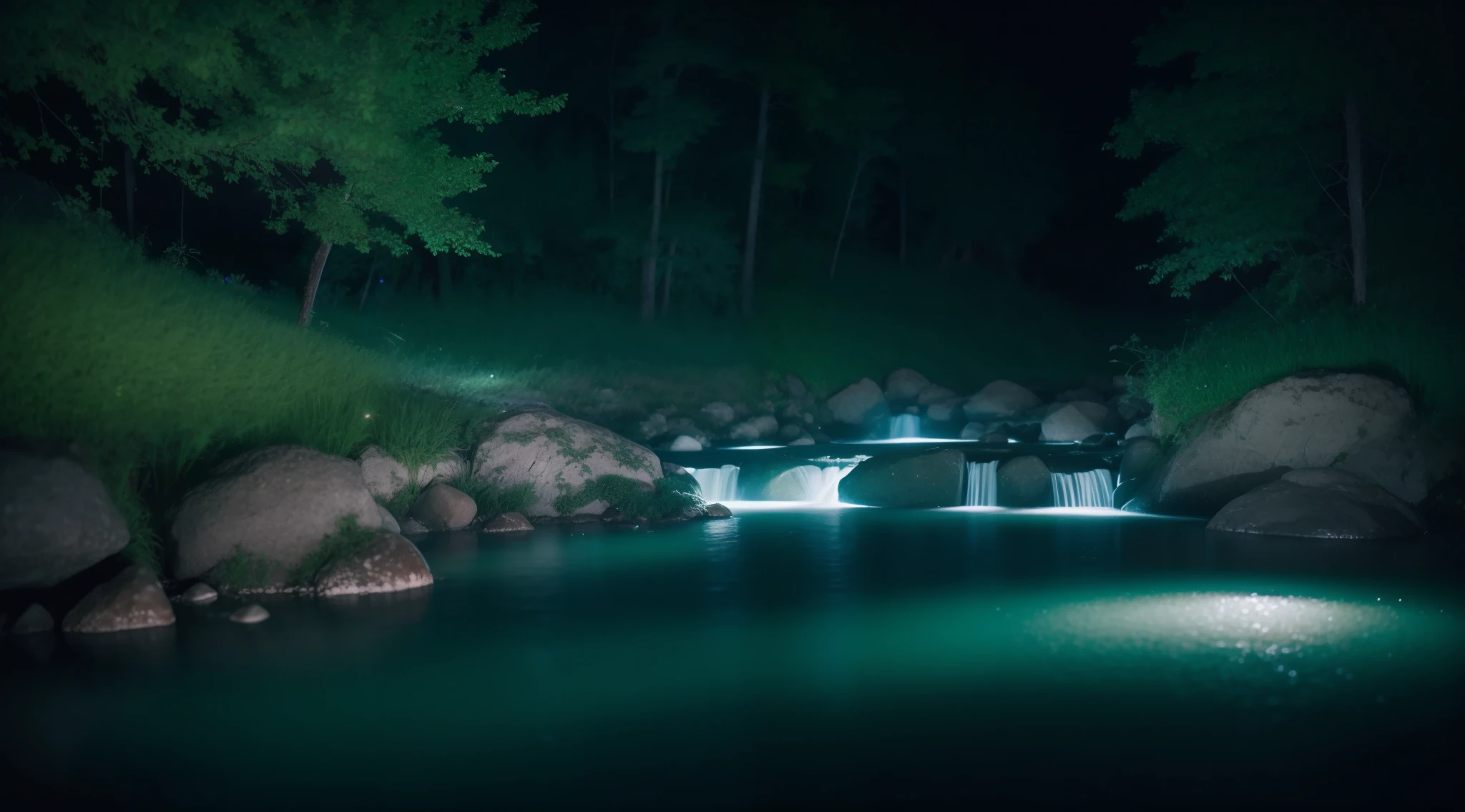 River in the countryside at night, boulders, Beautiful water surface, tiny waterfall, a dark night, sony a7, Film grain, Cinematic lighting, Photorealistic, 32K, Soft lighting
