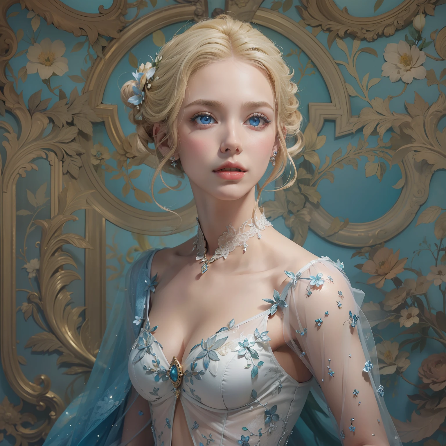 "(((obra-prima))), melhor qualidade, ultra-detallhado, High resolution CG image with a beautiful blonde woman with bright blue eyes, retratados em detalhes fascinantes. His delicate body is accurately represented at every angle. Ela possui longos cabelos loiros que caem suavemente sobre seu vestido da era vitoriana. The upper part of his body is sculpted to perfection. "