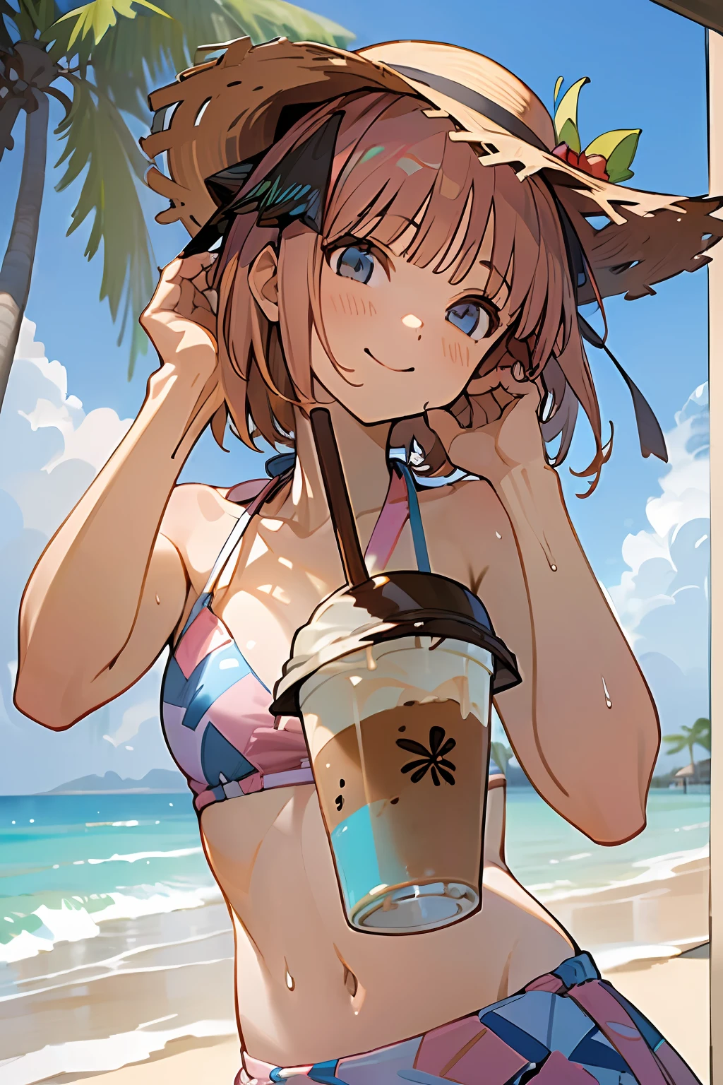 ((masterpiece:1.2, best quality)), swimsuit, anime girl, smiling, beach, summer sky, 1gilr, solo, ((brown short hair, bikini)), summer, cloud, palm tree, cute posing, straw hat, ((coffee cup, ice coffee, short check pattern skirt,)) upper body