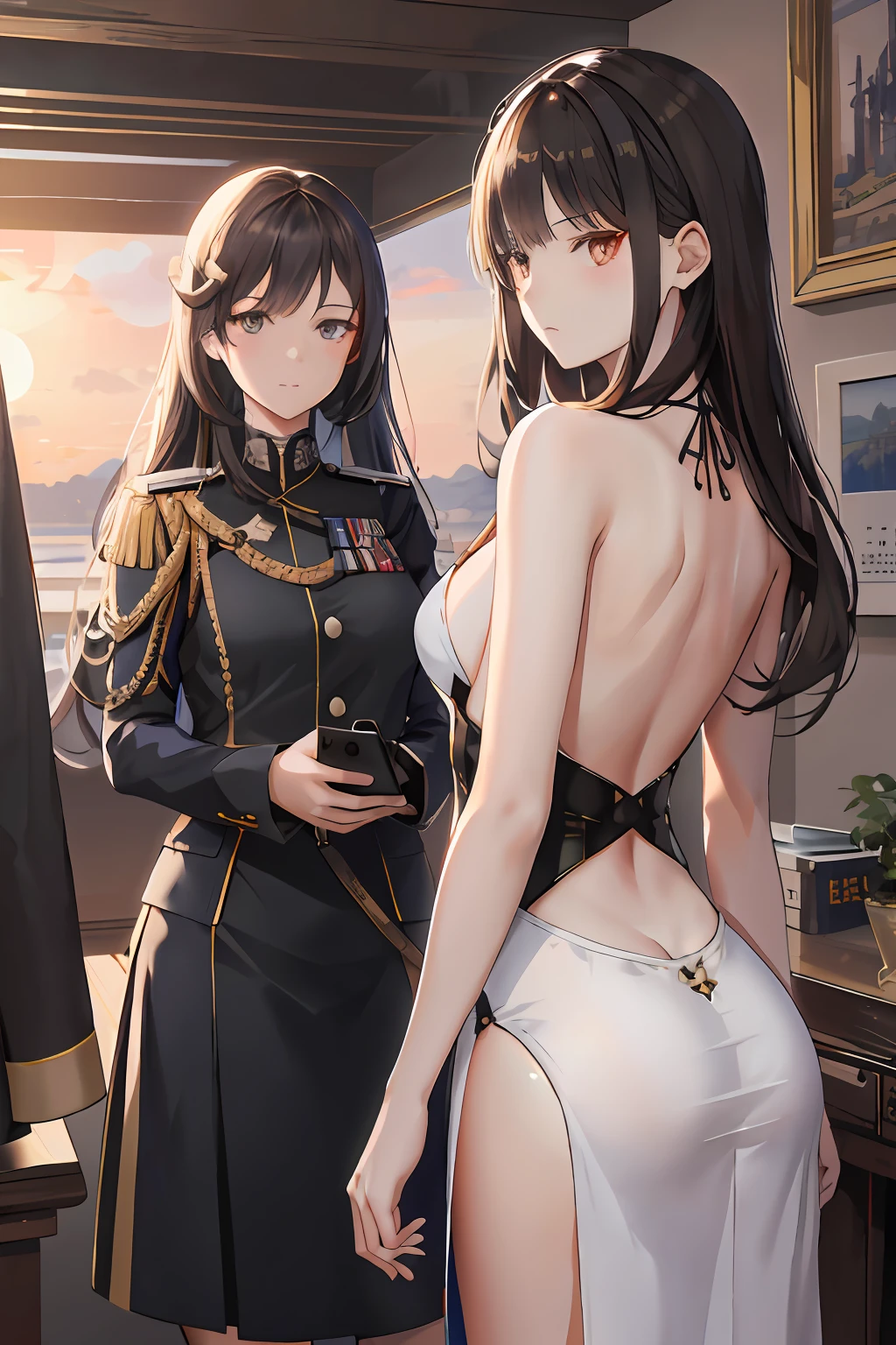 Anime girl in uniform standing next to another woman in dress, Fine details. Girl Front, from girls frontline, Girls Frontline CG, girls frontline style, azur lane style, Girl Front, 《azur lane》role, girls frontline universe, WLOP and Sakimichan, Range Murata and Artgerm, A scene from the《azur lane》videogame