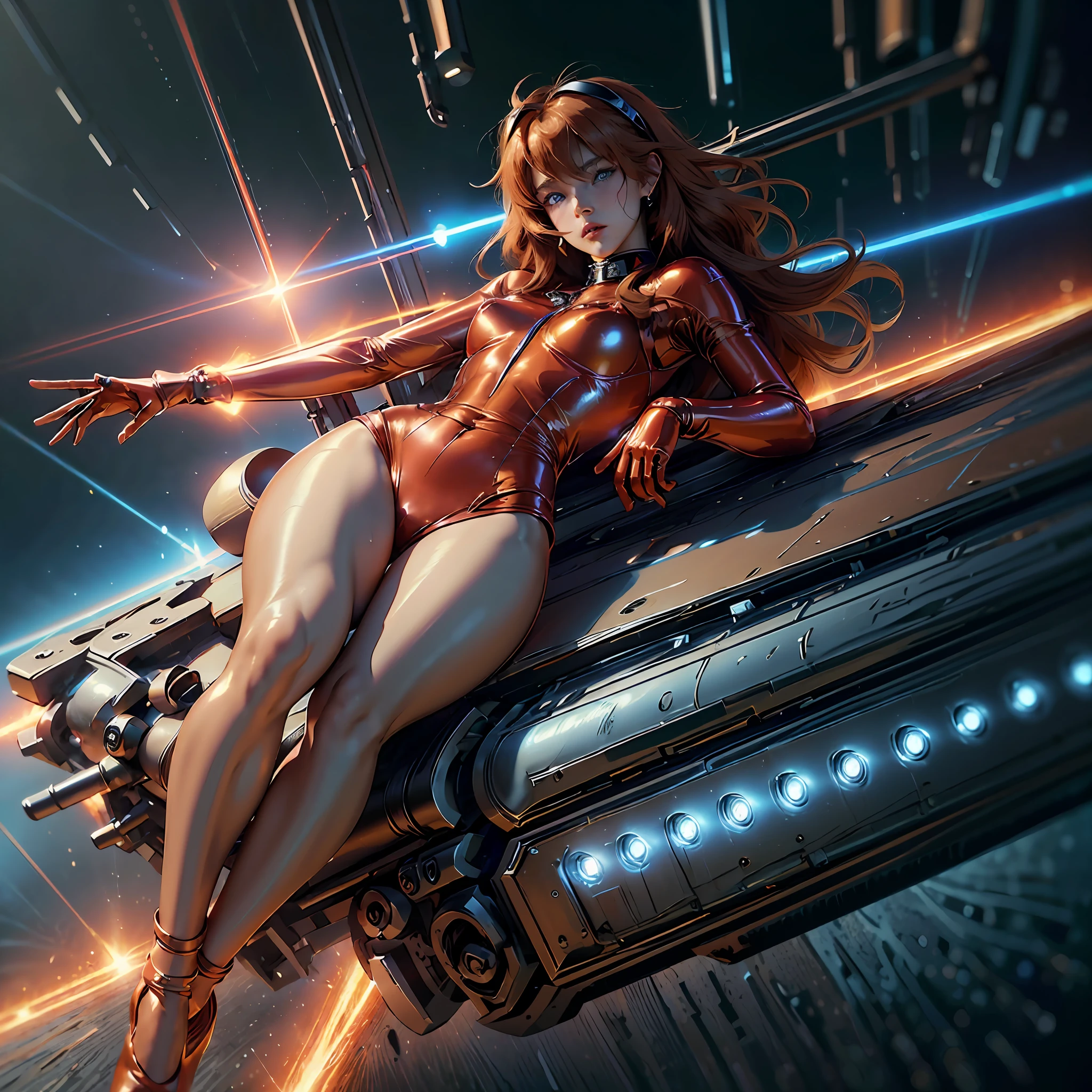1 girl, asuka langley soryu, blue eyes, hair between eyes headgear interface headset ,orange shiny hair, perfect proportions body, perfect ass, perfect breats, cameltoe, sexy pose,(( Shiny red latex datiled suit)), vulgarity, ((shiny skin)), whith one laser gun, high lighting, high full color, on a dark spaceship, in a space, planet terror, ((best quality)), ((masterpiece)), (high-resolution:1.2), ((best quality)), ((masterpiece)), (high-resolution:1.2), (({masterpiece}}}, {{{best quality}}}, {{ultra-detailed}}, {illustration}, {{an extremely delicate and beautiful}},