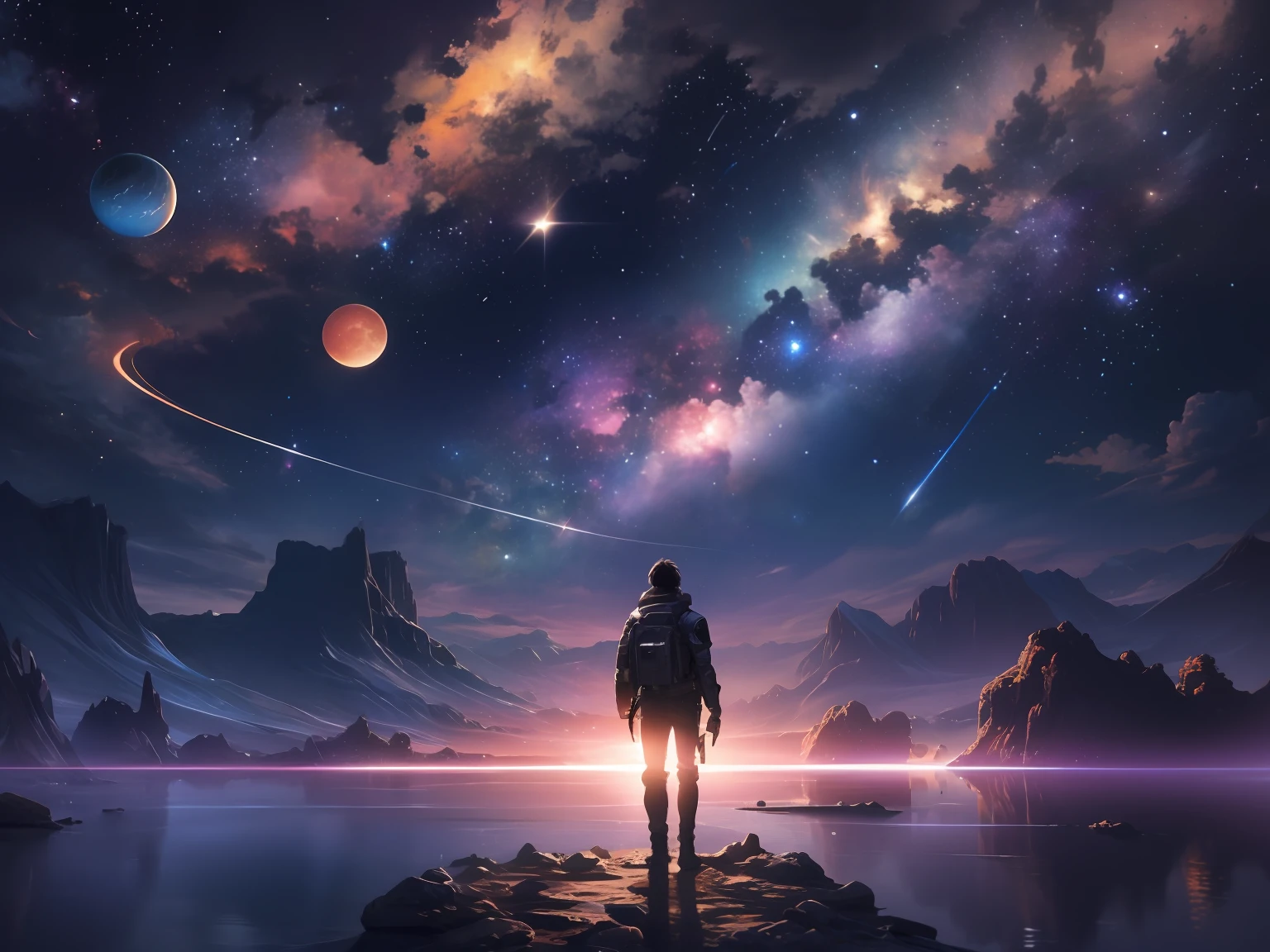 a man in armor on a rock looking at the stars in the sky, cosmos sem fim no fundo, olhando para o cosmos, Arte digital altamente detalhada em 4k, perdidos no vazio leitoso, paper awesome wallpaper, Artgem e Beeple Masterpiece, 8k arte impressionante, 8k hd papel de parede arte digital, lost in the immensity of space, alguns planetas, buraco negro