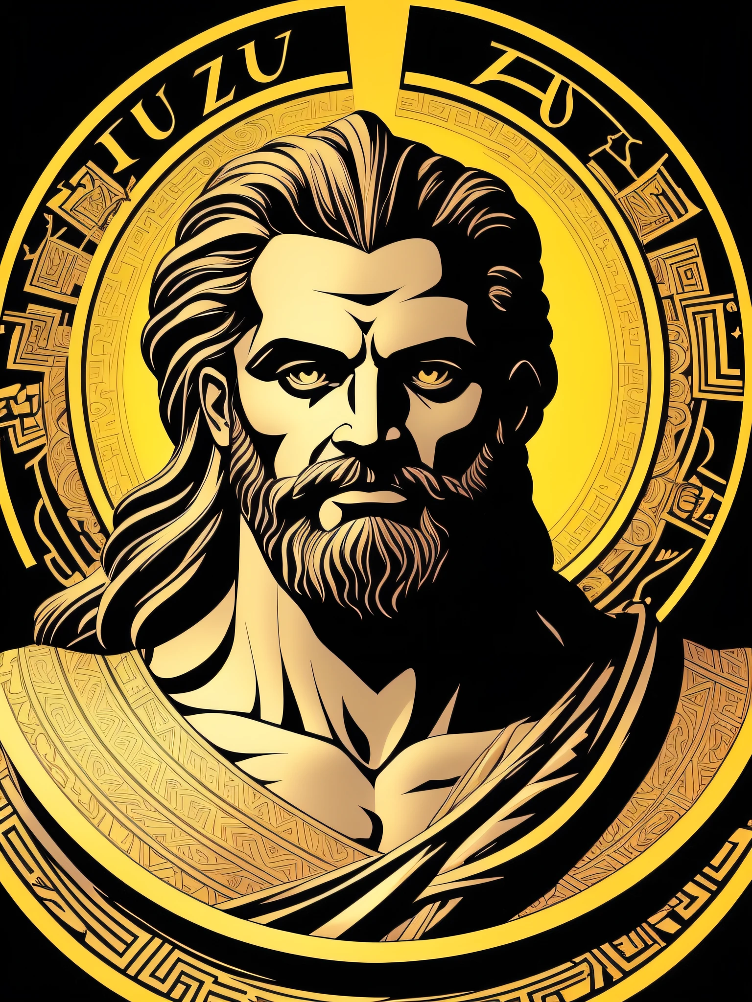 Zeus, arte da camiseta, 2D, ((fundo preto: 1, 5)), vetor, cores vivas, obra-prima, melhor qualidade, detalhes intrincados, perfect symmetrical face, detalhes realistas, gothic theme, luz de aro, luar, cinematic shading, Greg Rutkowisk