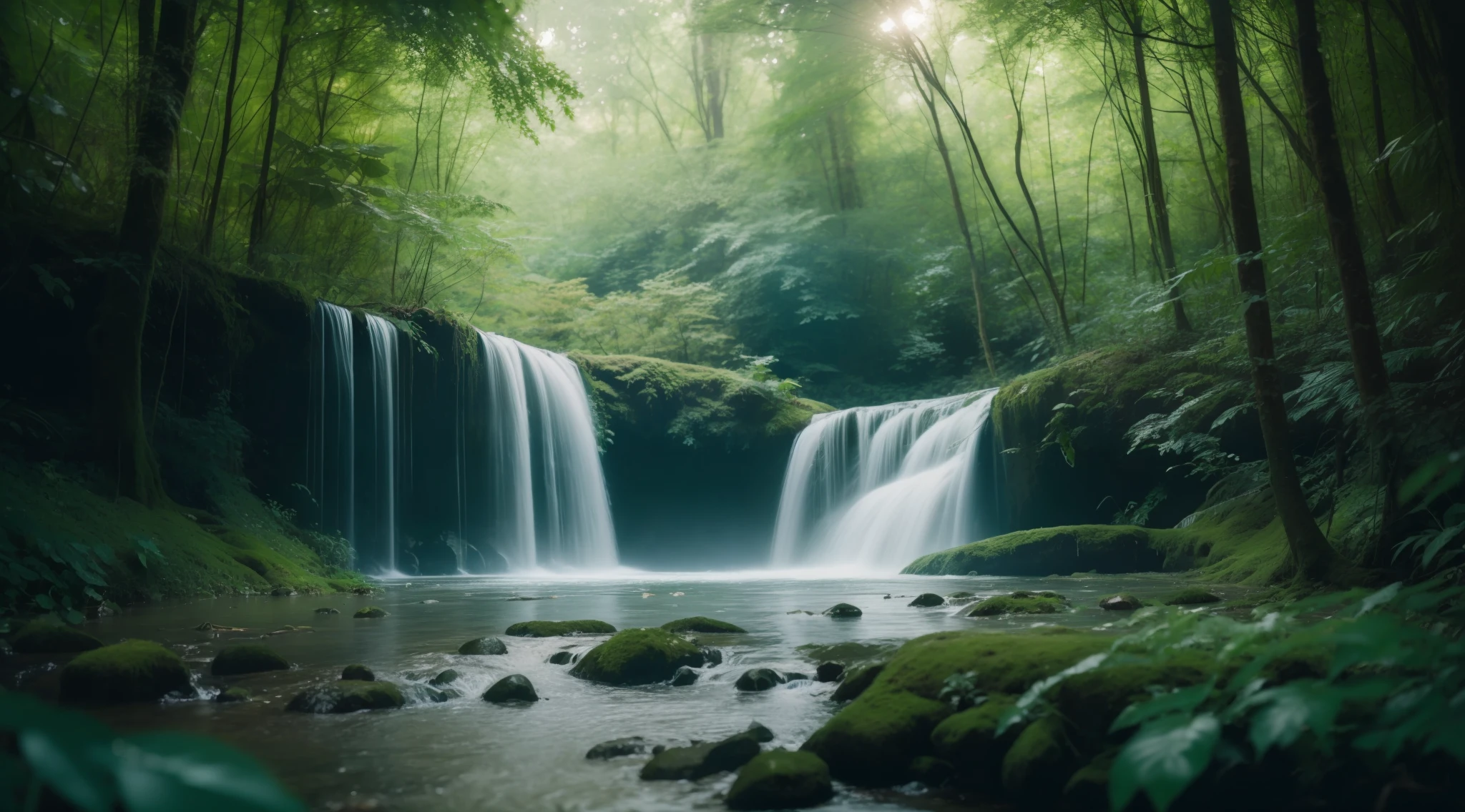 Waterfall in the forest, sony a7, Film grain, Cinematic lighting, Photorealistic, 32K, Soft lighting