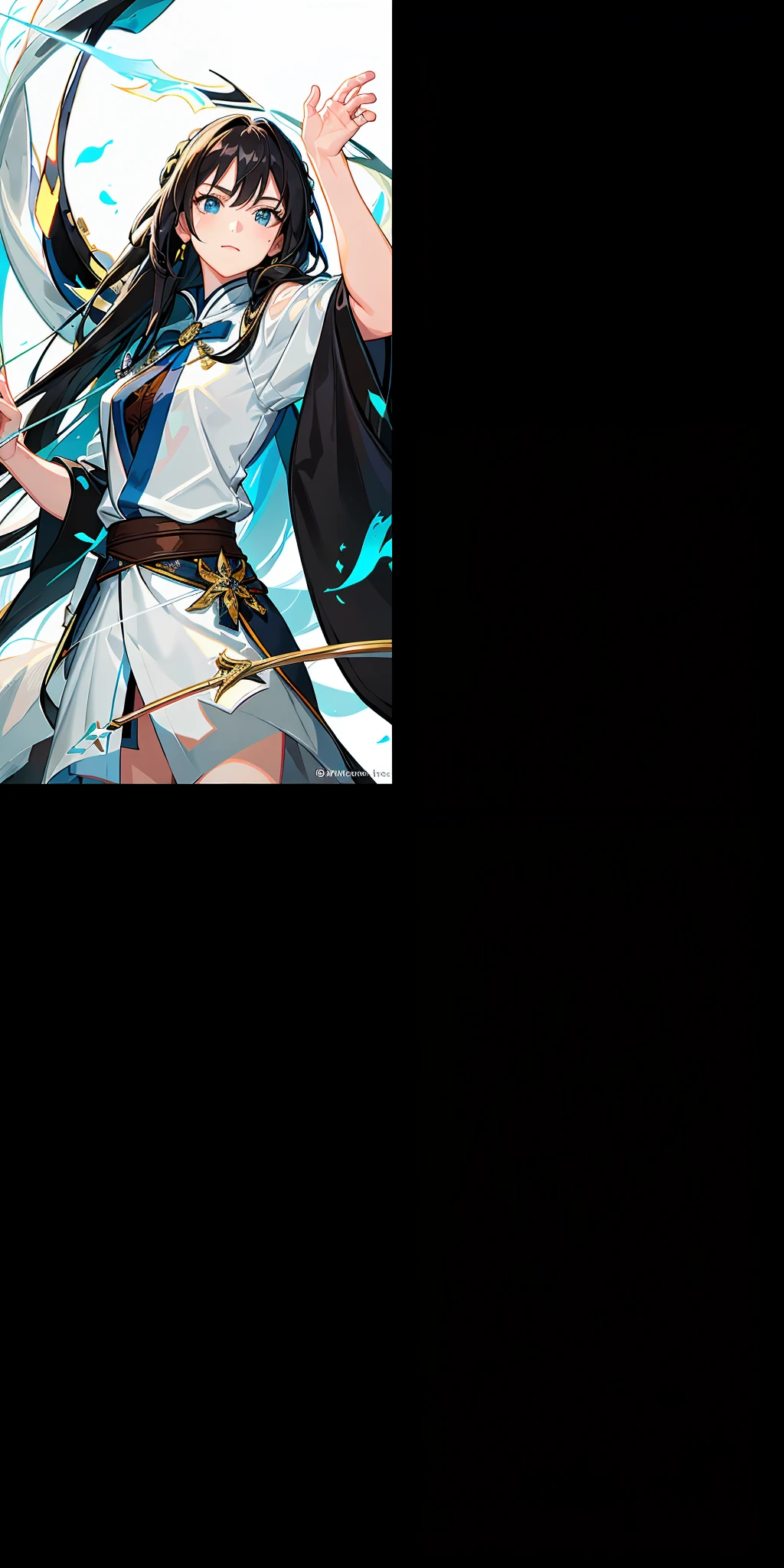 A white coat,blue long hair,Holding a seven-inch long sword,dashing
