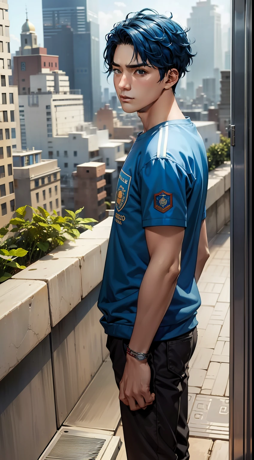 usar el mismo chico, 15-year-old man with short, Straight blue hair standing on a terrace looking at a strange city, tiene mirada triste,