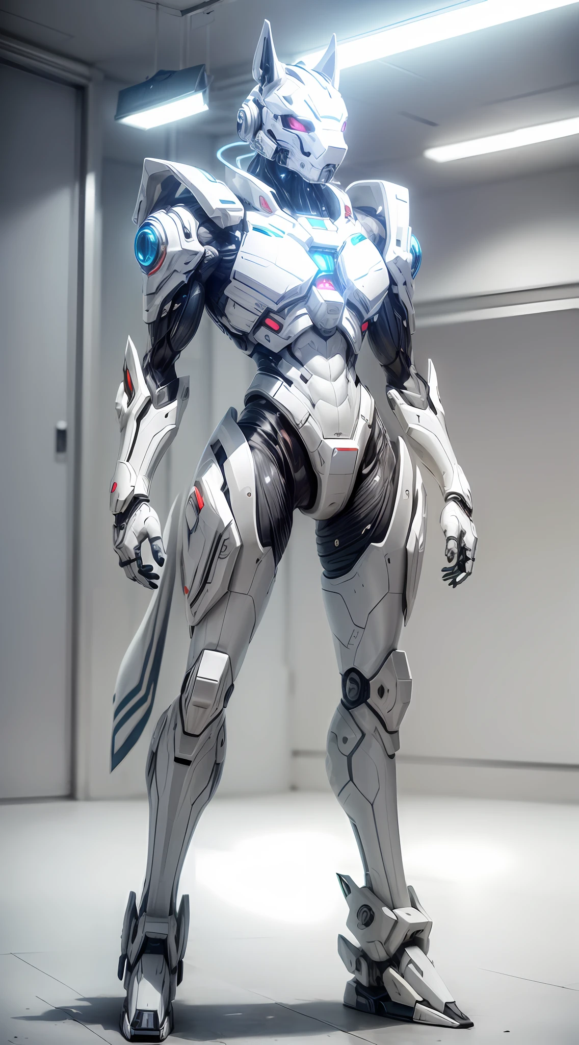 (anthropomorphism:1.5),(Full Body Shot), Cyberpunk, In the middle, 1 white dog mecha(Mechanical style white dog head,  Exquisite Helmet:1.2, muscular limbs, muscular body), Standing on two legs, nobody,  Dreamy Glow,clean,white background, ( Global illumination, raytracing, HDR, unreal render,reasonable design, masterpiece, best quality, UHD, Cinematic Lighting)