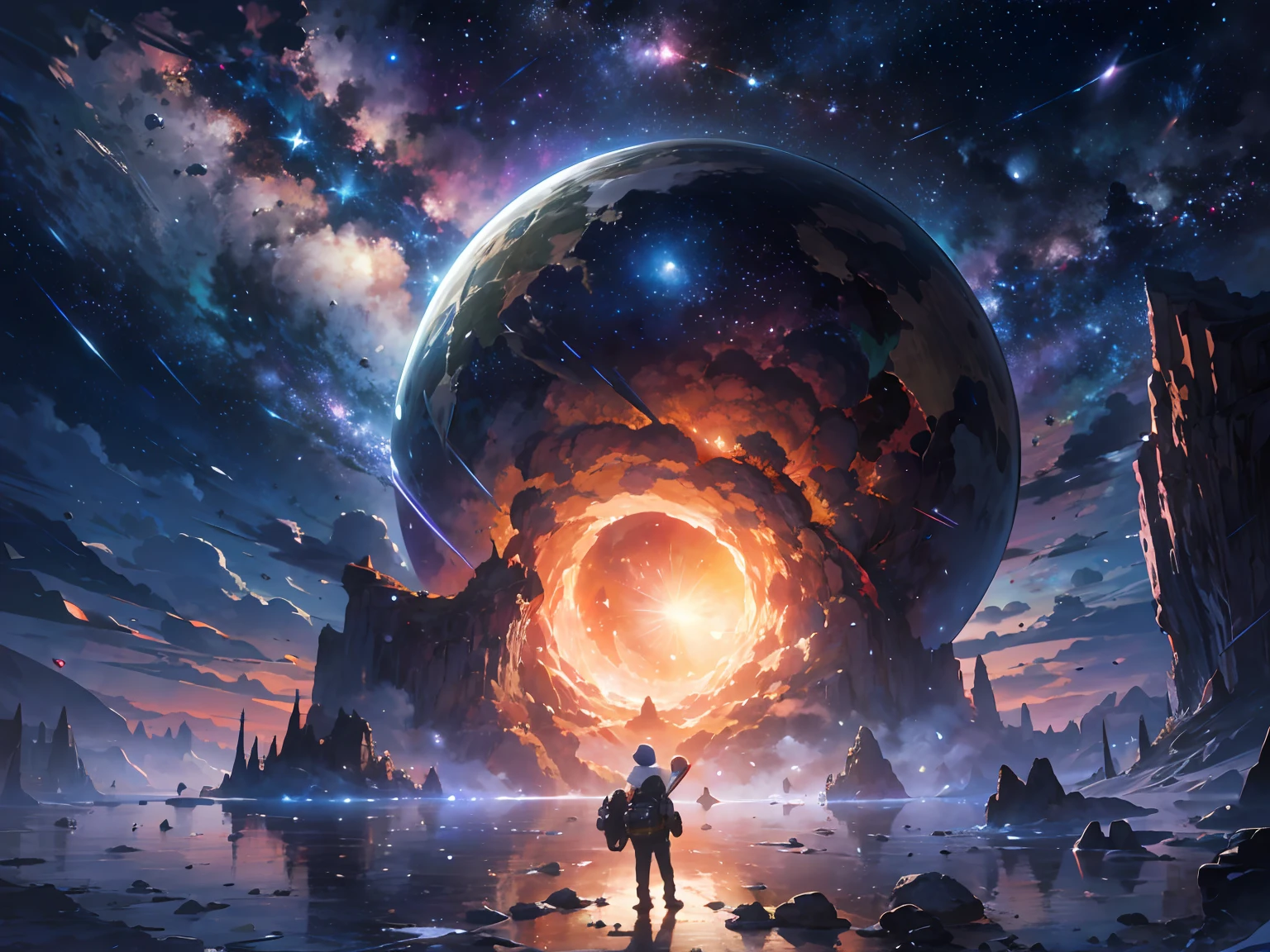 Desenhe um homen jovem explodido os planetas, Standing on a research platform floating in the middle of an asteroid belt, vire as costas para os espectadores, from behind, surrounded by several glowing asteroids with fireproof auras The dramatic illumination of distant stars and planets illuminates the scene, casting deep shadows on the costume, looking at the vast and mysterious universe with wonder and respect, quebrar, detalhado, realista, 4k arte digital altamente detalhada, Renderizar octanagem, bioluminescente, BREAK 8K resolution concept art, Realismo, by Mappa Studios, obra-prima, melhor qualidade, Arte Oficial, illustration, Linha clara, (Fresco_cor), perfect compositio, Absurdo, fantasia, focado, rule of thirds, Explosions