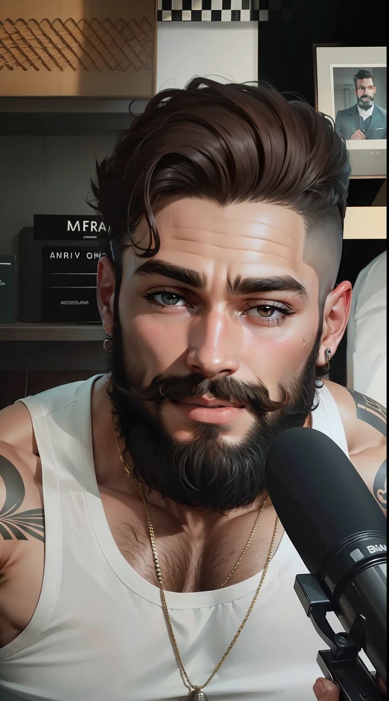 um close up de um homem com barba e microfone, Cantor Maluma, he got a big french musctache, com uma barba pequena, barba arrumada, barba pequena, pelos faciais curtos, sorriso insano, barba raspada, bigode grosso, facial hair, barba de cavanhaque, he's smiling, homem muito atraente com barba, bigode enorme, barba curta, homem barbudo
