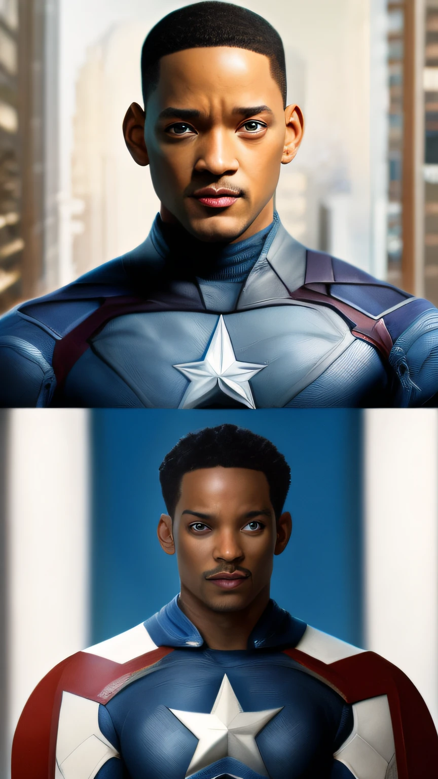 Will Smith as Captain America Blond, olhos verdes, white high definition, rosto detalhado, rosto detalhado, olhos detalhados, terno detalhado, estilo Marvel e DC, hiper-realista, + Cinematographic shot + dynamic compositing, incrivelmente detalhado, nitidez