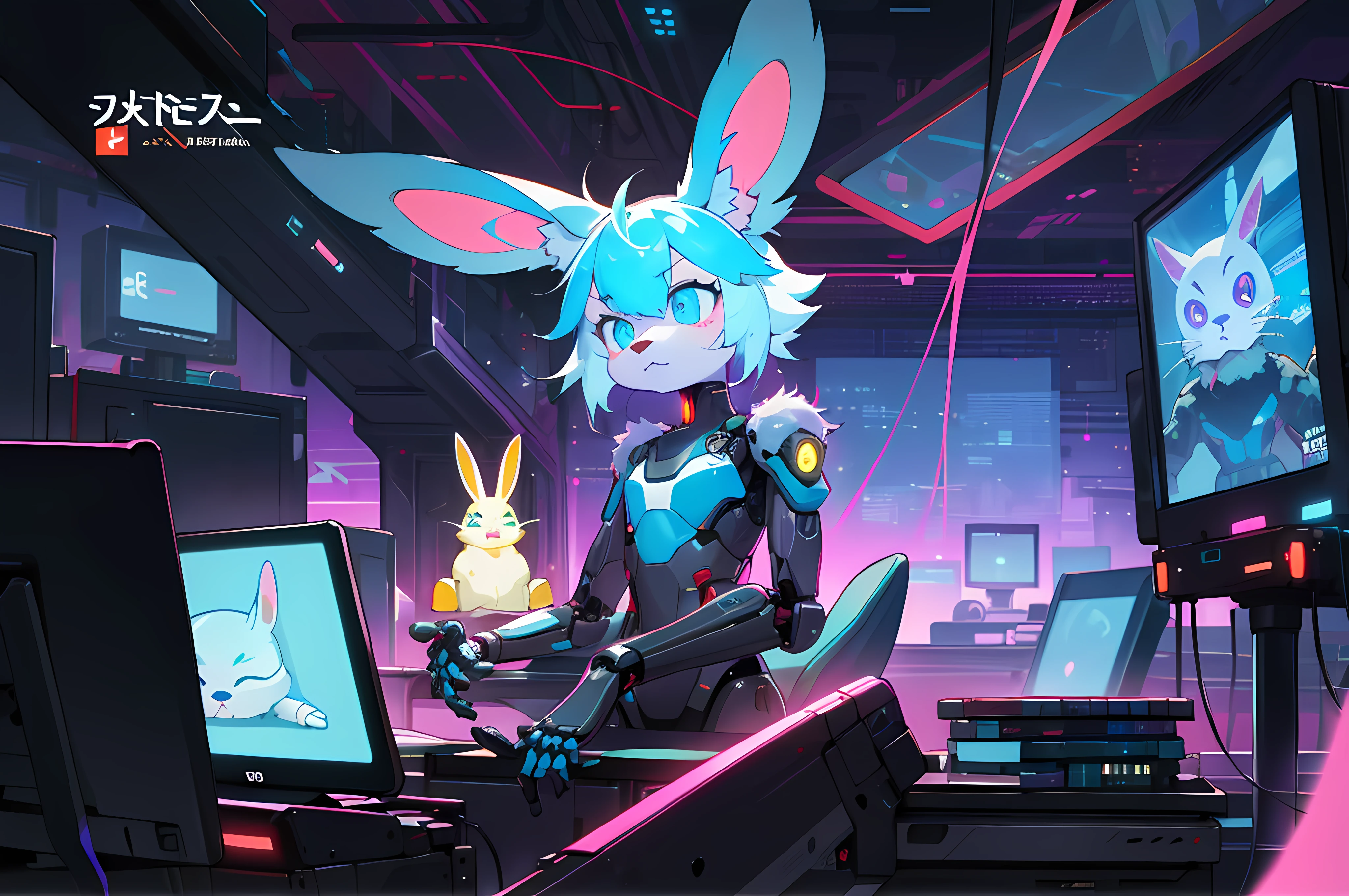(blame! style abandoned tech landscape), (Zen, Amy Sol style), (((beats to relax/study to))), (((Lofi anthro kemono blue-furred rabbit girl in power armor sitting in metal chair behind computer terminal, behind giant glass terminal screen, beats to relax/study to))), (((blue kemono beastars furry rabbit anime hacker with small soft furry paws))), (((suspended glass cyberpunk computer terminals with robot rabbit in background))), ((glowing cyberdeck screens)), (underground, dark, foggy, perilous, abandoned dystopian apartment bedroom, deep windows), (abstract anthro rabbit figure wearing bunny ears), cover art with light abstraction, abstract, simple vector art, contemporary Cybernetic art, color gradients, soft color palettes, layered forms, whimsical animation, style Ethereal abstract, 4K, --v6