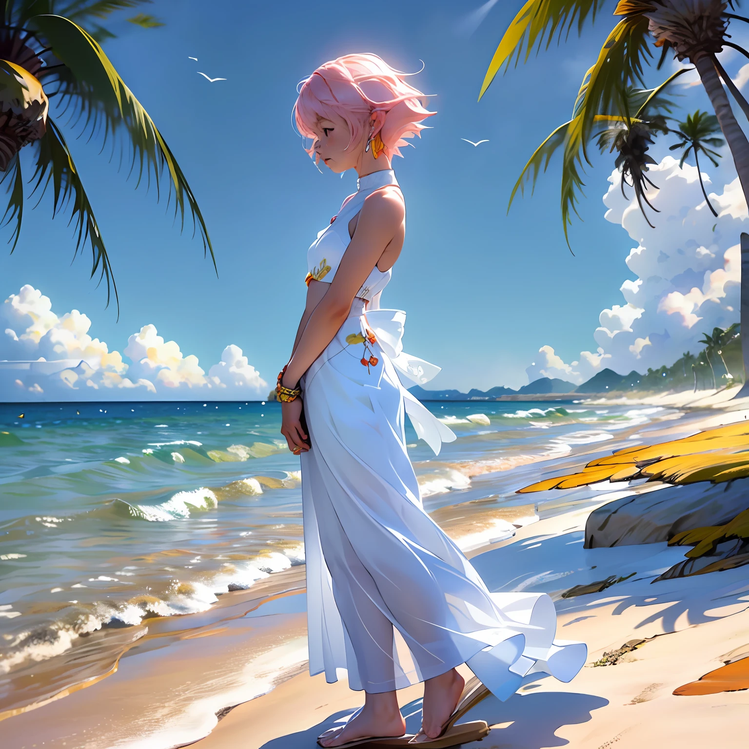 extremely long shot 、1boy、 in the distance、 Enchanting sunset on the beach mixed with oranges, pinks and yellows in the sky. The water is crystal clear、White sand is endless. The scene is dynamic and breathtaking, Seagulls soar into the air、Palm trees sway gently. Immerse yourself in a calm atmosphere、Be surrounded by tranquil surroundings.