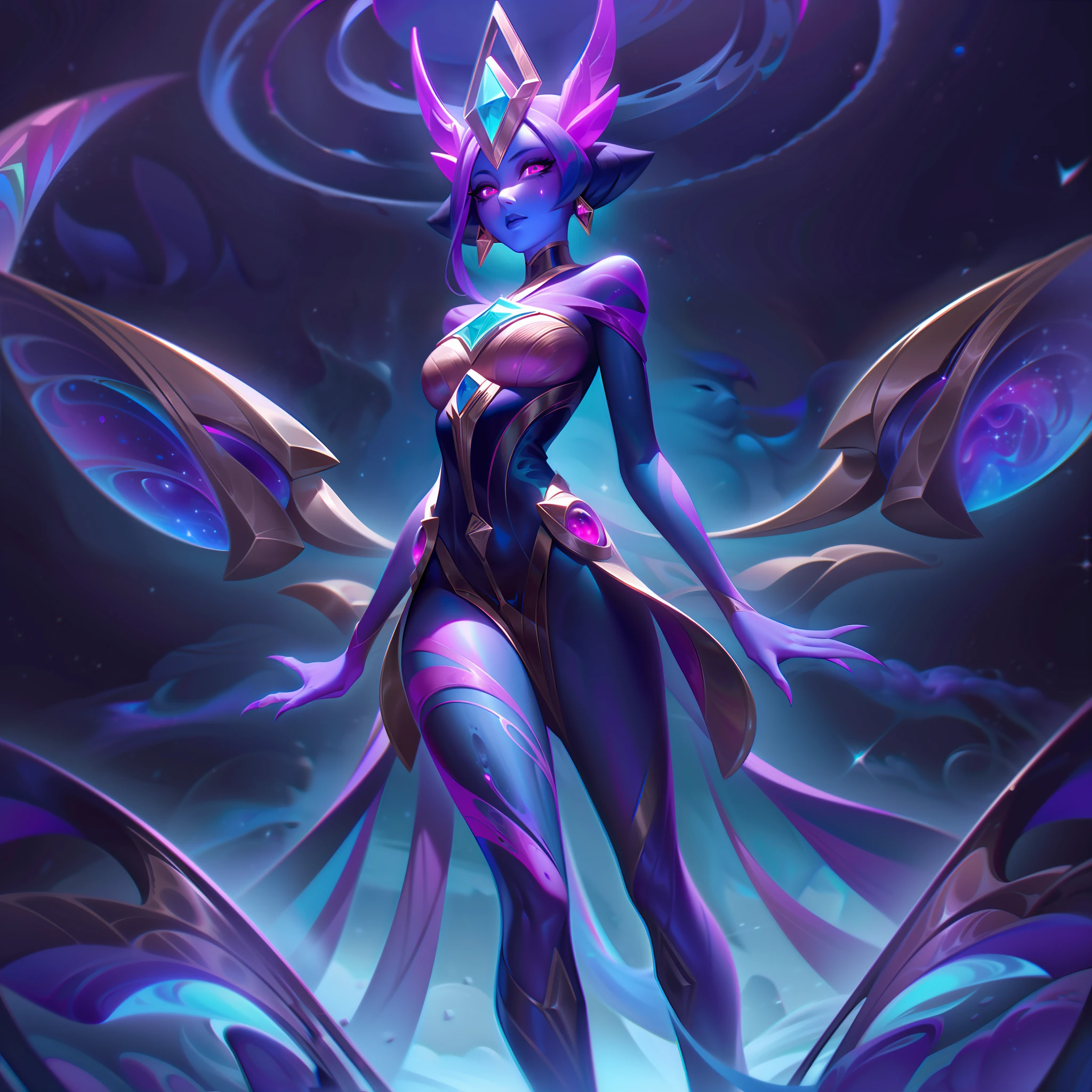 The Epic Skin "Galactic Void Yzarikaela" takes the fearsome champion to an otherworldly dimension, where cosmic forces converge with the void, transforming her into a celestial entity of immense power.
In the splash art, Yzarikaela's appearance undergoes a mesmerizing cosmic transformation. She now stands as a being of celestial majesty, with her body adorned in swirling galaxies and stars. Her Cryokinetic Claws have become cosmic extensions of her power, shimmering with ethereal energy.
The color palette is a breathtaking blend of cosmic hues, featuring deep purples, blues, and vibrant bursts of stardust. The background showcases a cosmic void, with celestial phenomena and distant galaxies adding to the sense of wonder and otherworldly power.
Yzarikaela's wings have evolved into radiant celestial constructs, with trails of stardust following her every movement. The celestial energy emanating from her embodies her connection to the cosmic void and her newfound celestial might.
The atmosphere exudes an aura of cosmic grandeur and enigmatic allure, inviting players to explore the limitless expanse of the universe with the Galactic Void Yzarikaela.
Yzarikaela's expression exudes a sense of cosmic wisdom and power, reflecting her embodiment of the celestial void. The overall composition delivers a captivating portrayal of the champion as a cosmic entity of immense power and beauty, destined to conquer the cosmic realm of the League of Legends.
