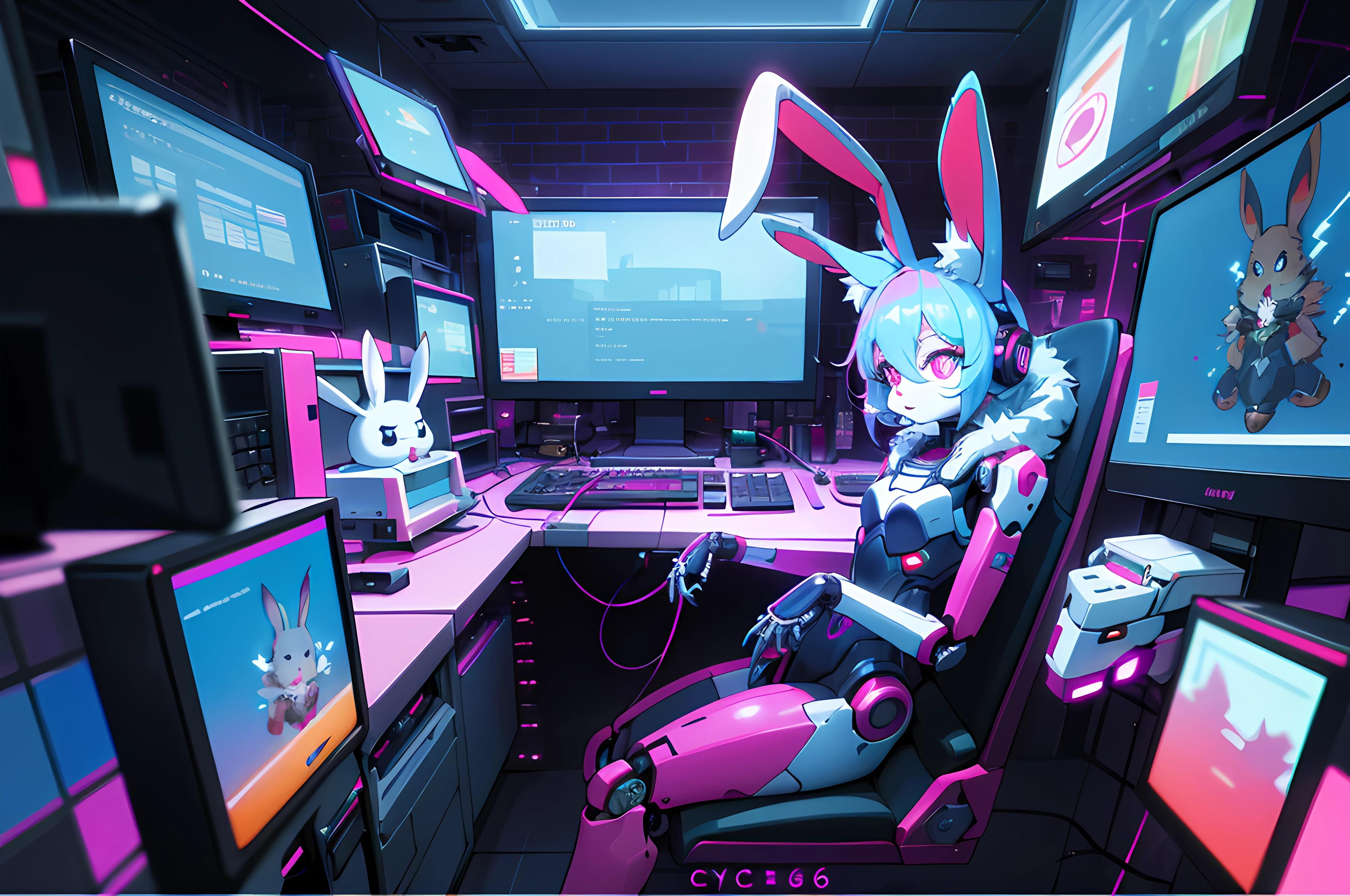 (blame! style abandoned tech landscape), (Zen, Amy Sol style), (((beats to relax/study to))), (((Lofi anthro kemono blue-furred rabbit girl in power armor sitting in metal chair behind computer terminal, behind giant glass terminal screen, beats to relax/study to))), (((blue kemono beastars furry rabbit anime hacker with small soft furry paws))), (((suspended glass cyberpunk computer terminals with robot rabbit in background))), ((glowing cyberdeck screens)), (underground, dark, foggy, perilous, abandoned dystopian apartment bedroom, deep windows), (abstract anthro rabbit figure wearing bunny ears), cover art with light abstraction, abstract, simple vector art, contemporary Cybernetic art, color gradients, soft color palettes, layered forms, whimsical animation, style Ethereal abstract, 4K, --v6