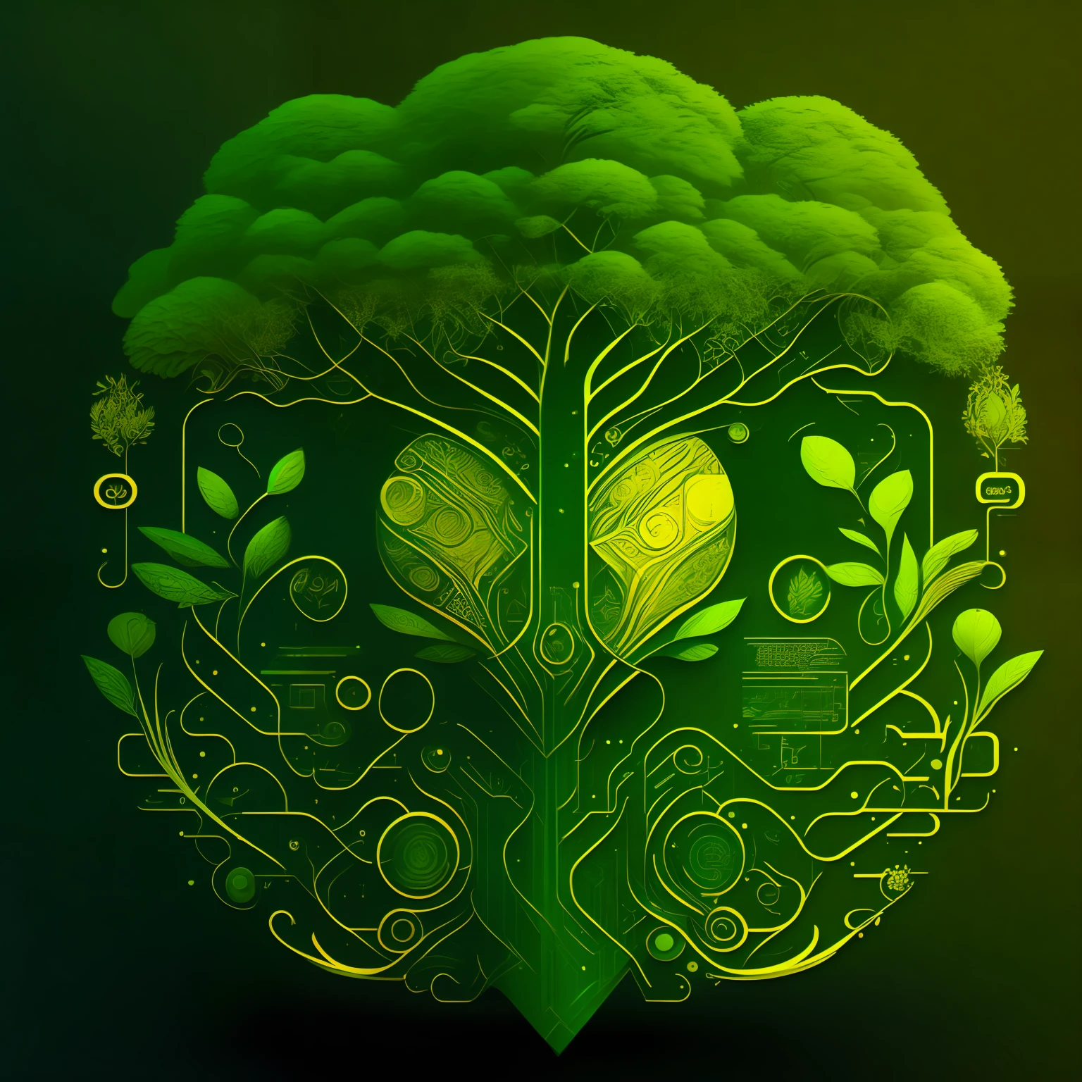 Create an innovative artwork that merges circuitry patterns with natural elements, like trees and leaves, to symbolize the harmonious coexistence of technology and the environment,green,gold ,T-shirt design, midjourney, vector art, hydro74