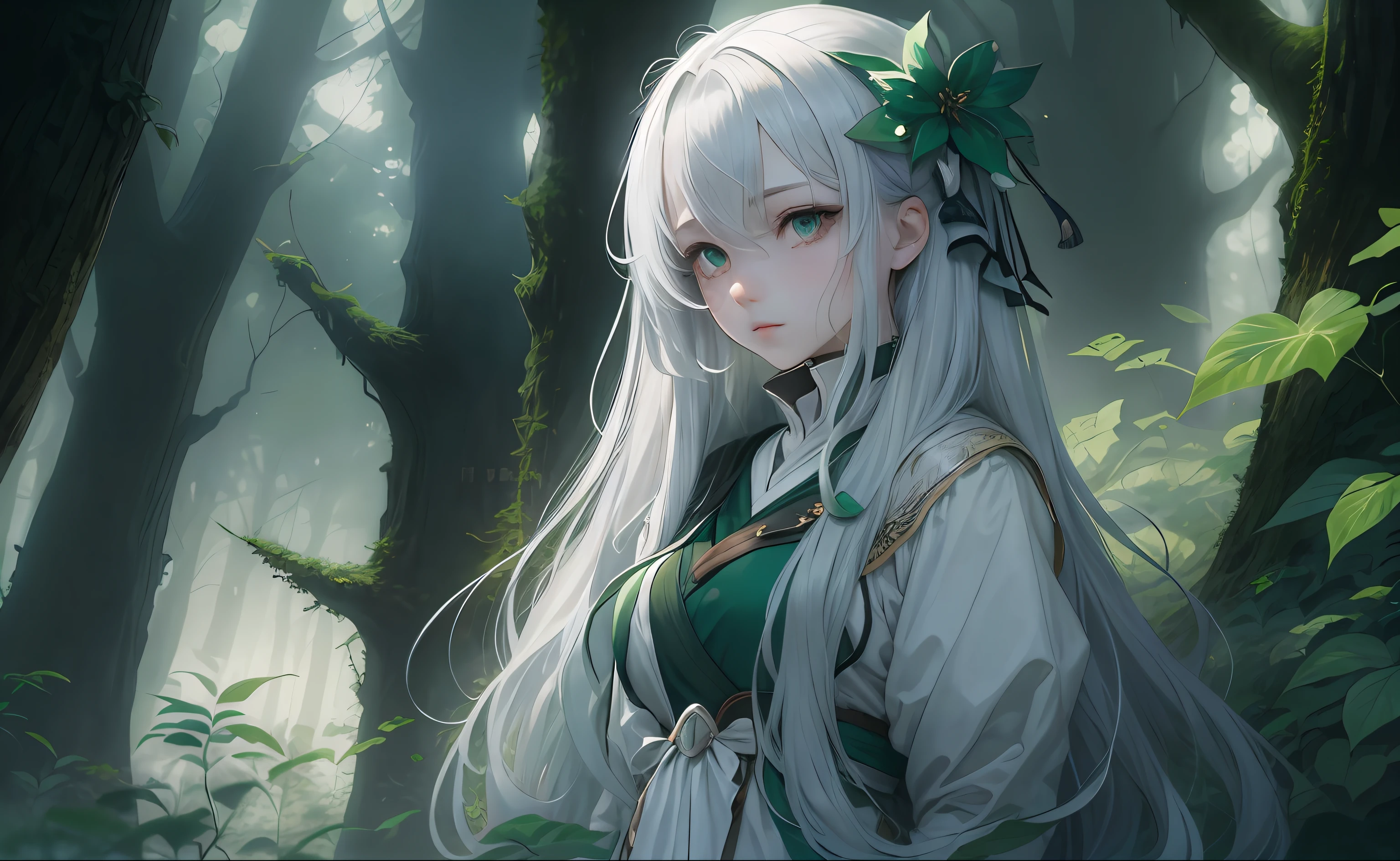 Woman standing on the edge of a dimly lit forest.
She is fair in appearance, with long, Beautiful silver hair
Her face resembles Haruna Kawaguchi, And her eyes are pale emerald green.
