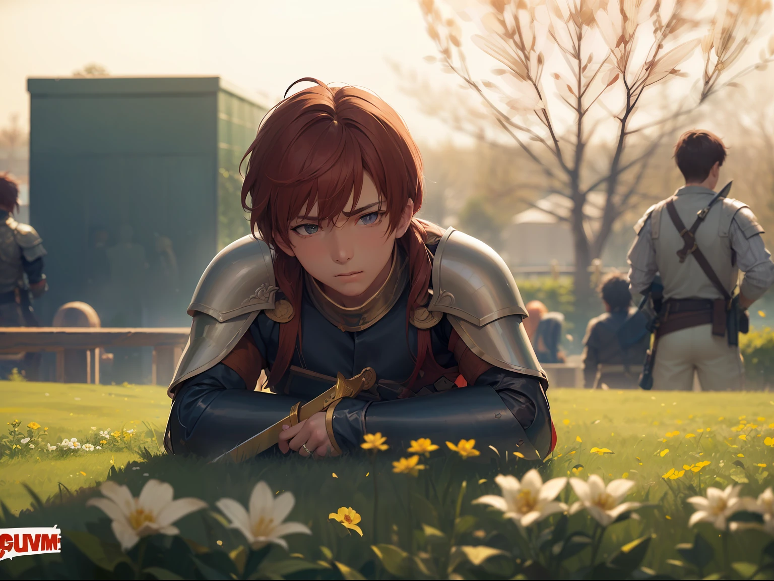Best quality, 4k, long haired guy, red hair, with a golden armer, in a british garden, garden, sunny day, soft light, 11am, Gaussian blur, armer guys practicing sword in back ground, (blured on background:2), garden filled with flower bushes, daily life, relaxing, bushes all the way, taking a rest, (armer guys in background:2), cosplay photography,