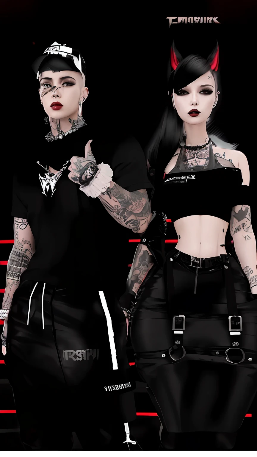 image of a couple of people with tattoos on their arms, mechanic punk outfit, Todas as roupas pretas cyberpunk, IMVU, vestido com roupas crustpunk, usando streetwear cyberpunk, Cyberpunk Streetwear, cyber punk setting, gothic aesthetic, wearing modern gothic clothes, roupas pretas brutais, goth punk clothes, roupa punk, vestido com roupas punk, vestindo roupas pretas