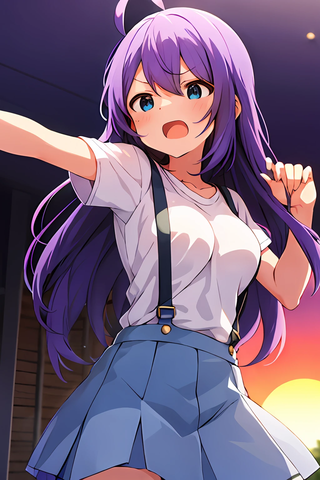 mochizuki anna,1girl in,Solo,Long hair,Purple hair,big breasts.Ahoge,Blue eyes.Short stature.white t-shirts.suspenders.Skirt.Evening glow.the setting sun.Despair face.Sweat.Opening Mouth.up chest.Fighting stance.