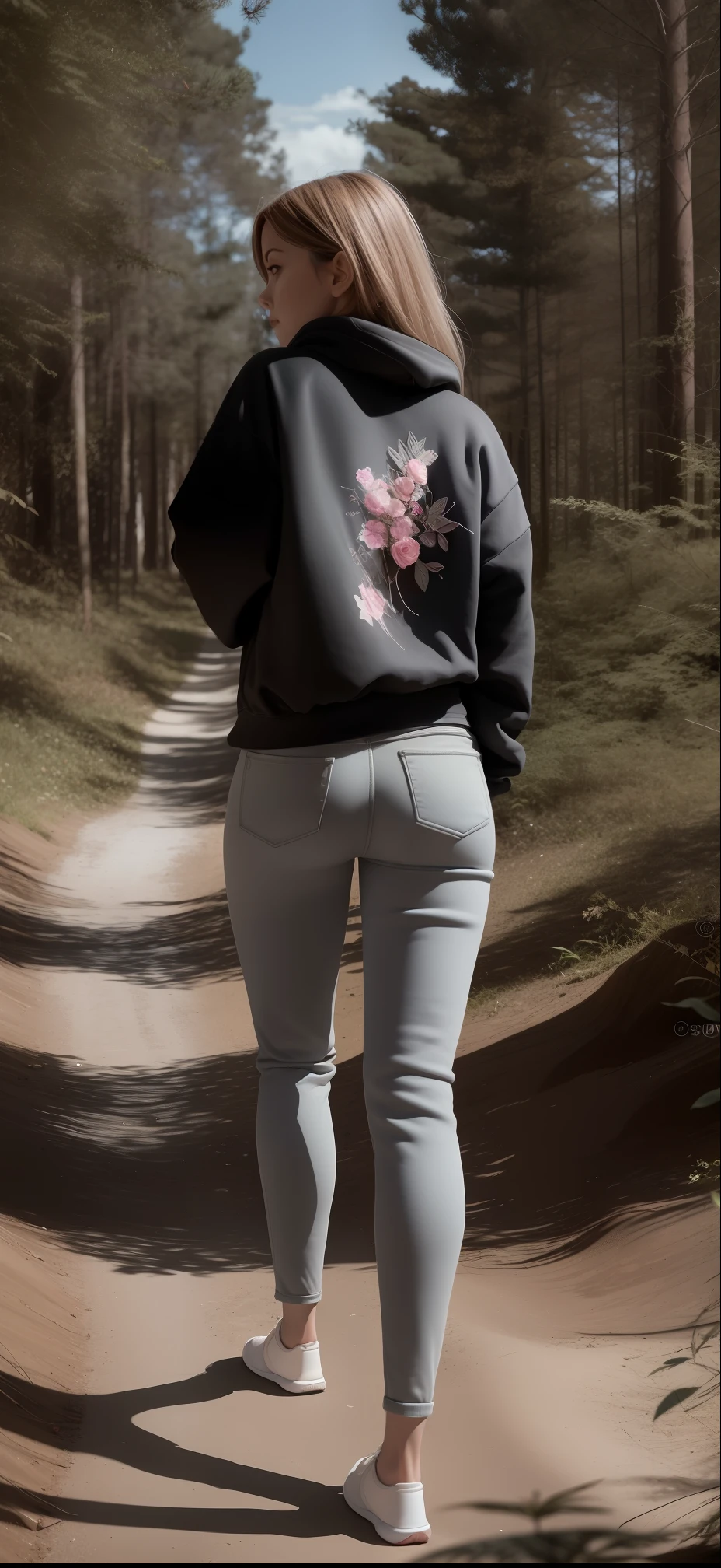 A woman on her back in gray pants and black sweatshirt walking down a dirt road, thick thieves, thicc, standing in the forest, standing in the forrest, desfrutando de um passeio na floresta, coxas expostas!!!, quadris largos, em frente a um fundo de floresta, roupa apertada, standing in a forest, usando roupas simples e apertadas, caminhando em uma floresta, Curvando, fotografiarrealista, fotografia, obra-prima, realista, Realismo, renderizado, Alto contraste, Arte Digital, fotográficorealista, trend in Artstation 8k HD, High definition, circunstanciado, Realistic;, detalhada, textura da pele, hiperdetalhada, Textura realista da pele melhor qualidade, ultra high-resolution, (fotografiarrealista: 1.4), alta resolução, detalhada, fotografia crua, sharp re, Nikon D850 Film Stock Photography 4 Camera Kodak Portra 400 Lens F1.6 pale colors hyper realistic texture dramatic lighting unreal trend in artstation cinestill 800, .RAW.