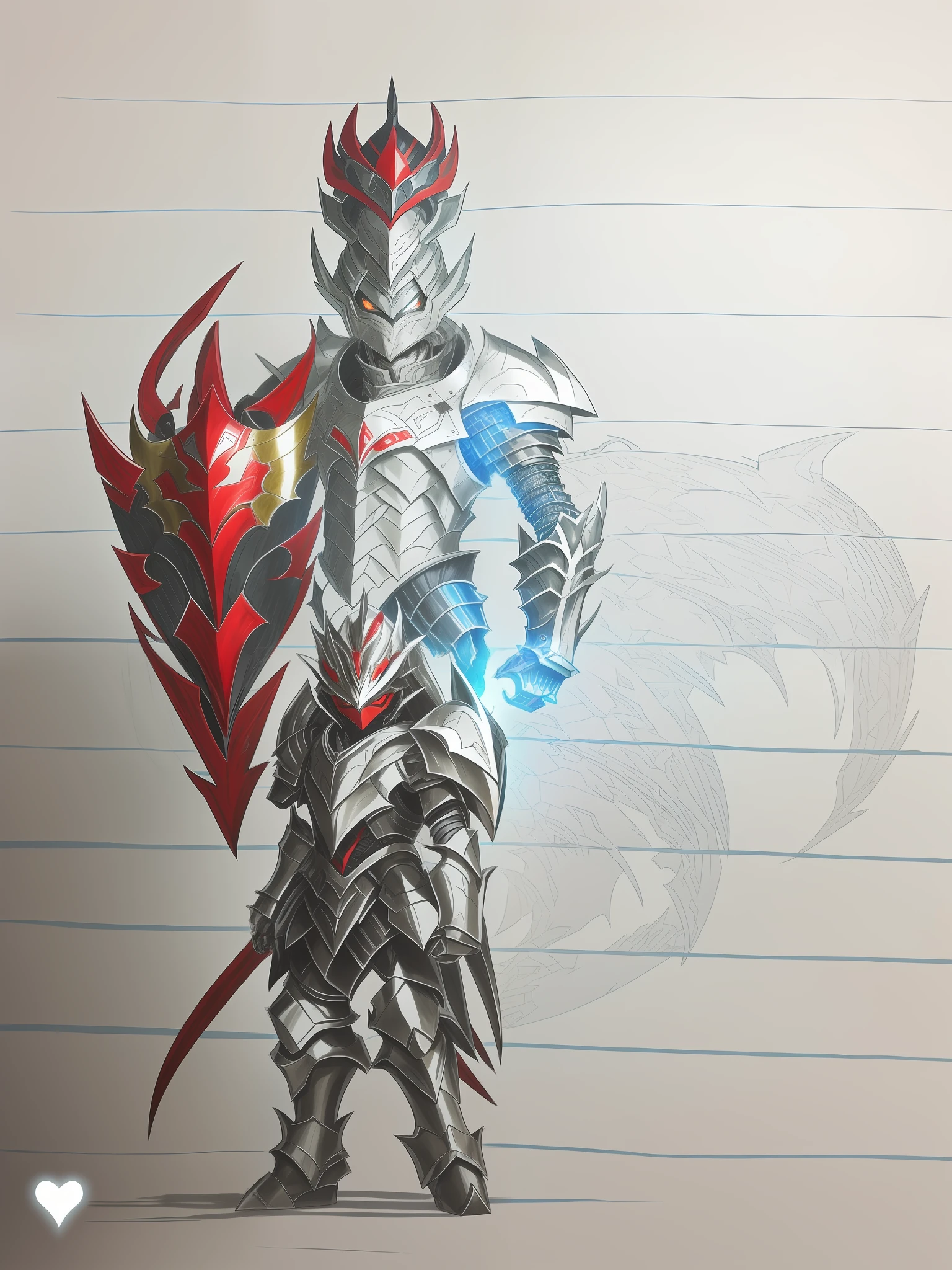 Draw a man with a shield and a heart on a piece of paper, draconic looking armor, no shade, an anime drawing, color drawing, transforming into his final form, ( ( colored pen ) ), unknown artstyle, covered in full metal armor, inspired by Ryūsei Kishida, Humanoid form, Black and red armor