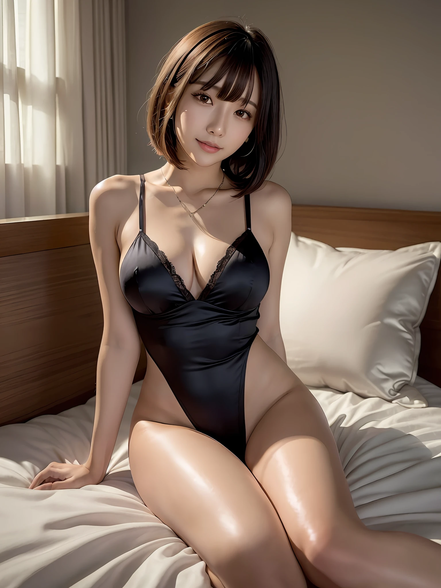 masterpiece, 1 girl per 1 photo, full body shot, front view, a Japanese young pretty girl, long bob, sitting alone on a bed in a hotel, glamorous figure, wearing a short length sleeveless shiny satin red chemise with black laces, wearing shiny satin white panties, a necklaces, a big smile, hyper cute face, glossy lips, double eyelids for both eyes, natural makeup, shiny smooth light brown hair of long bob hair, asymmetrical bangs, tanned skin, a silk pillow, silk bed sheets, central image, 8K resolution, high detailing, detailed hairstyle, detailed face, cinematic lighting, octane rendering, vibrant, hyper realisitic, perfect limbs, perfect anatomy