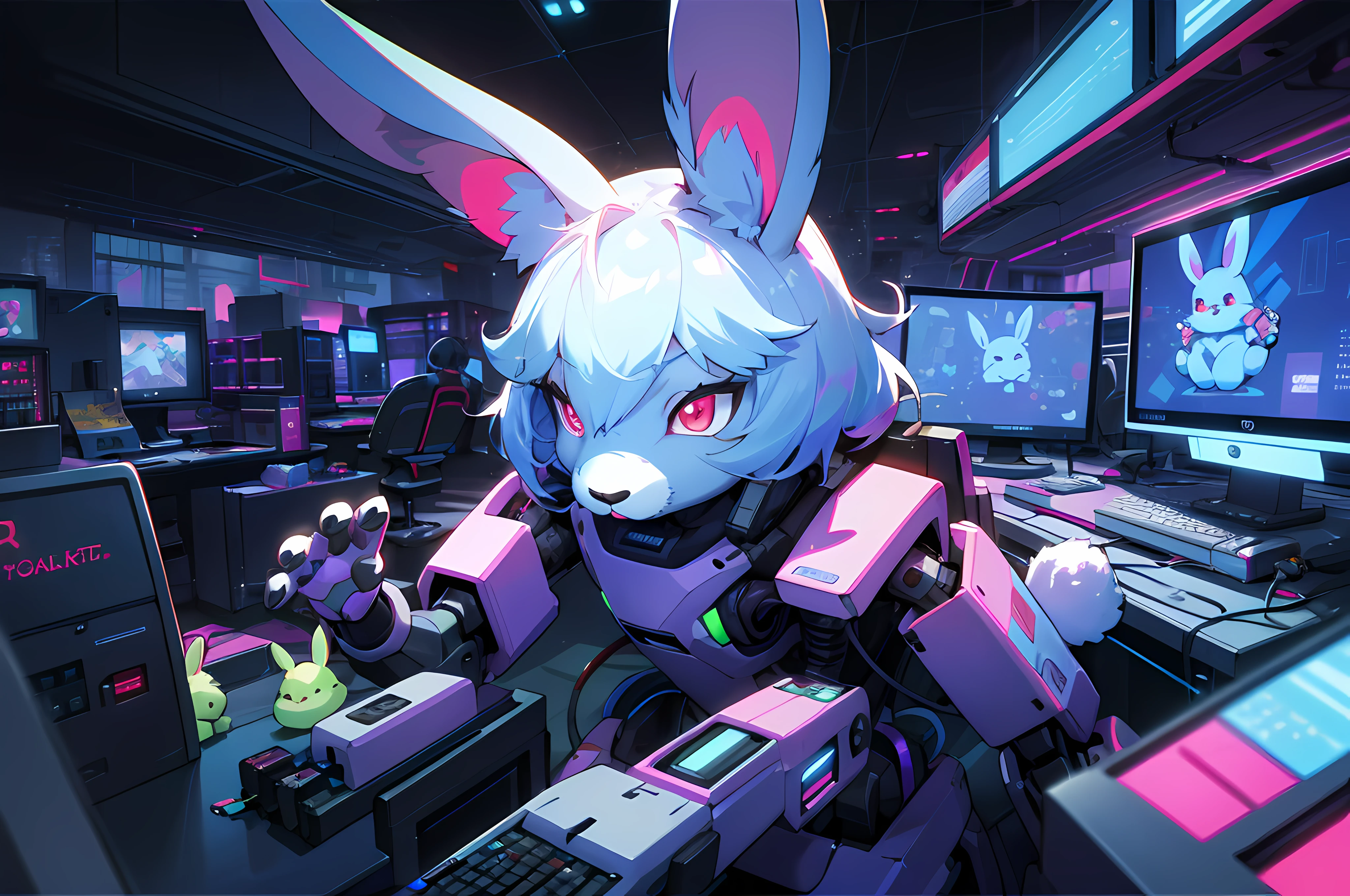 (blame! style abandoned tech landscape), (Zen, Amy Sol style), (((beats to relax/study to))), (((Lofi anthro kemono blue-furred rabbit girl in power armor sitting in metal chair behind computer terminal, behind giant glass terminal screen, beats to relax/study to))), (((blue kemono beastars furry rabbit anime hacker with small soft furry paws))), (((suspended glass cyberpunk computer terminals with robot rabbit in background))), ((glowing cyberdeck screens)), (underground, dark, foggy, perilous, abandoned dystopian apartment bedroom, deep windows), (abstract anthro rabbit figure wearing bunny ears), cover art with light abstraction, abstract, simple vector art, contemporary Cybernetic art, color gradients, soft color palettes, layered forms, whimsical animation, style Ethereal abstract, 4K, --v6