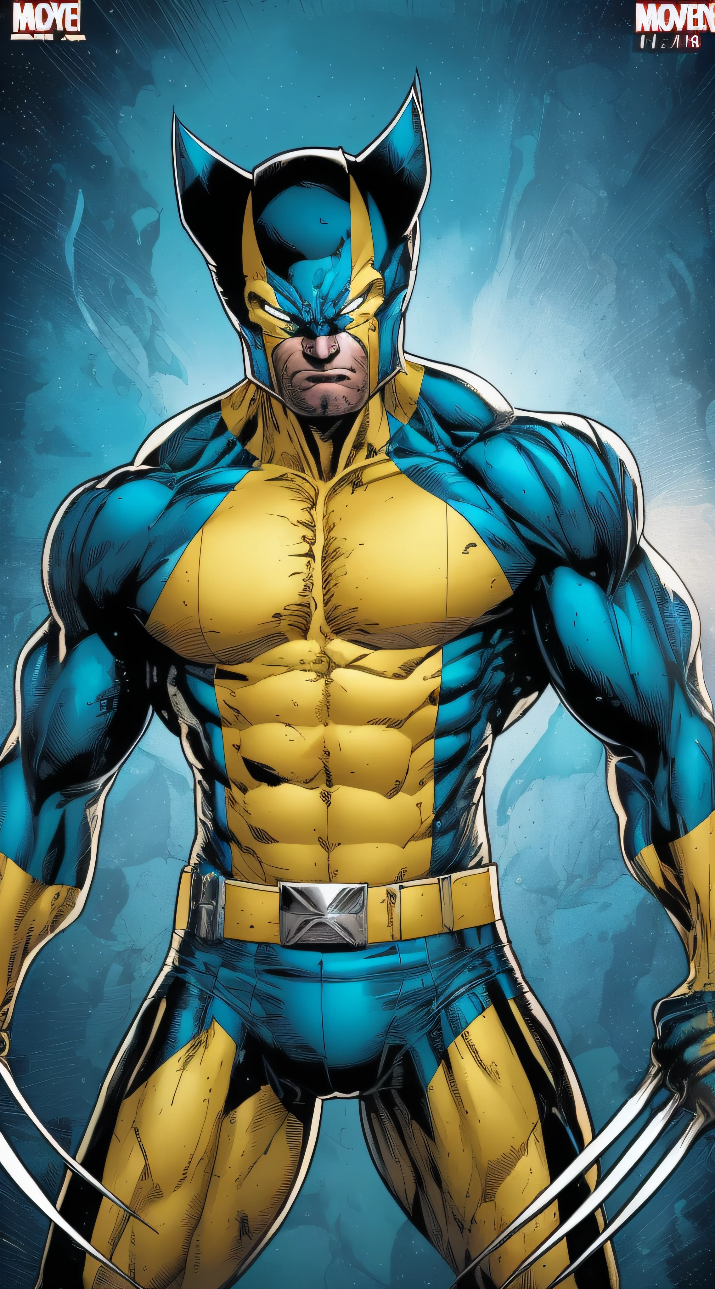 (Wolverine:1.2, comic book style:1.1, Jim Lee style:1.1, yellow and blue uniform:1.1, with mask:1.1)