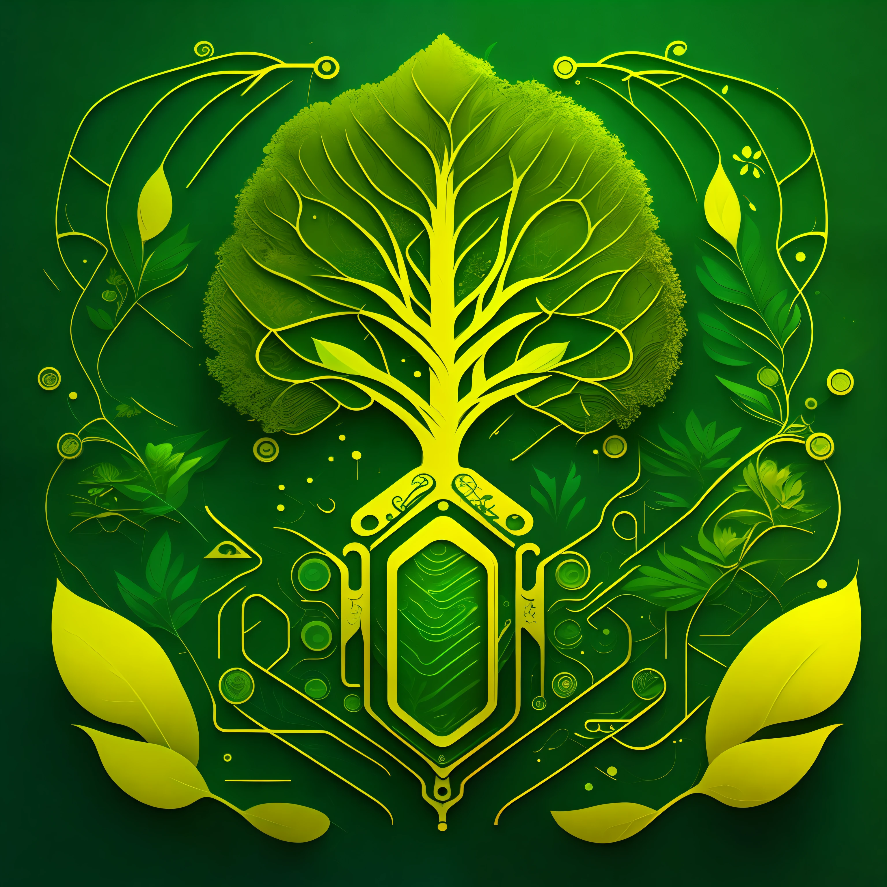 Create an innovative artwork that merges circuitry patterns with natural elements, like trees and leaves, to symbolize the harmonious coexistence of technology and the environment,green,gold ,T-shirt design, midjourney, vector art, hydro74