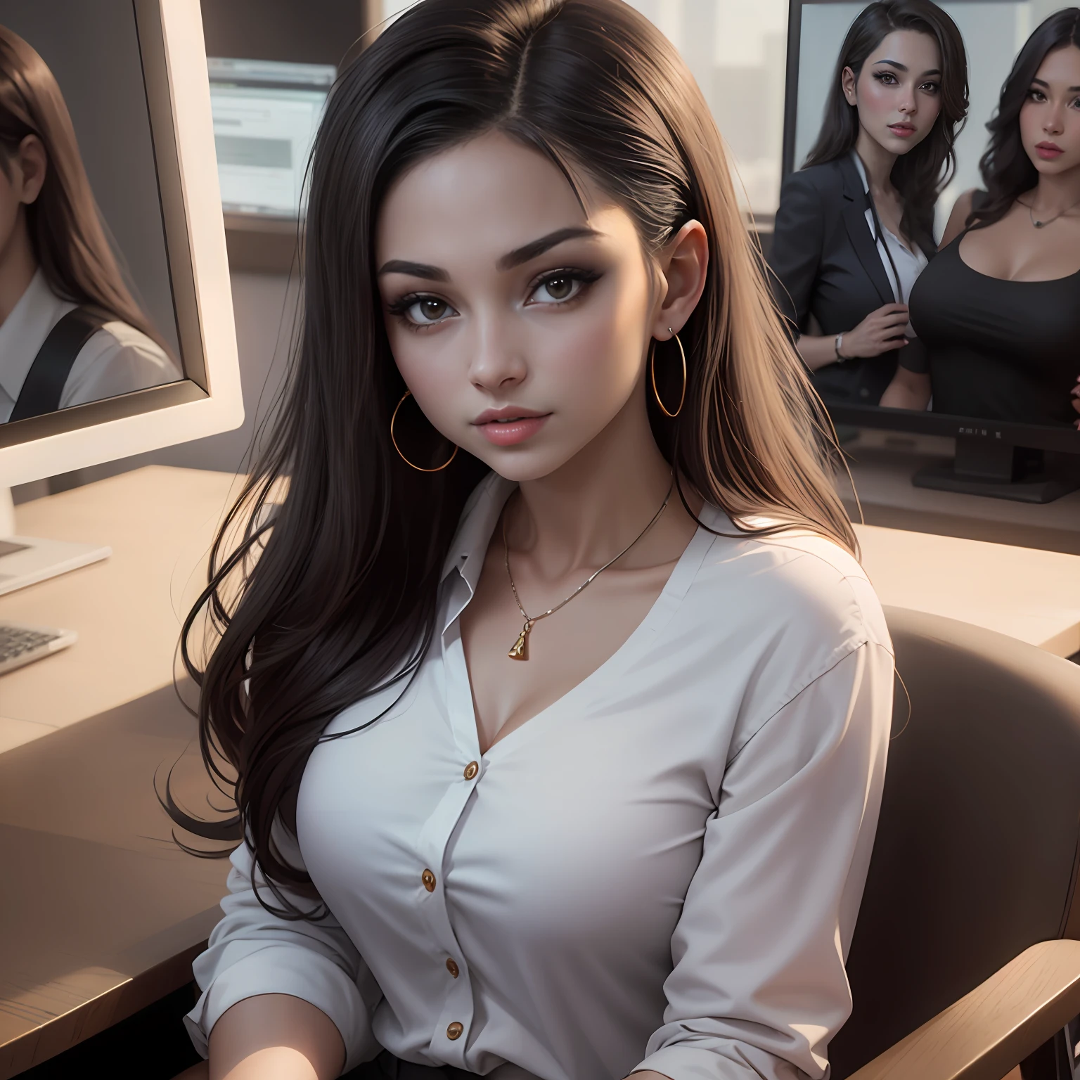 Portrait of Woman Who Looks Like Gina Valentina Wears Modern Casual Office Clothes in a Professional TV Studio Environment