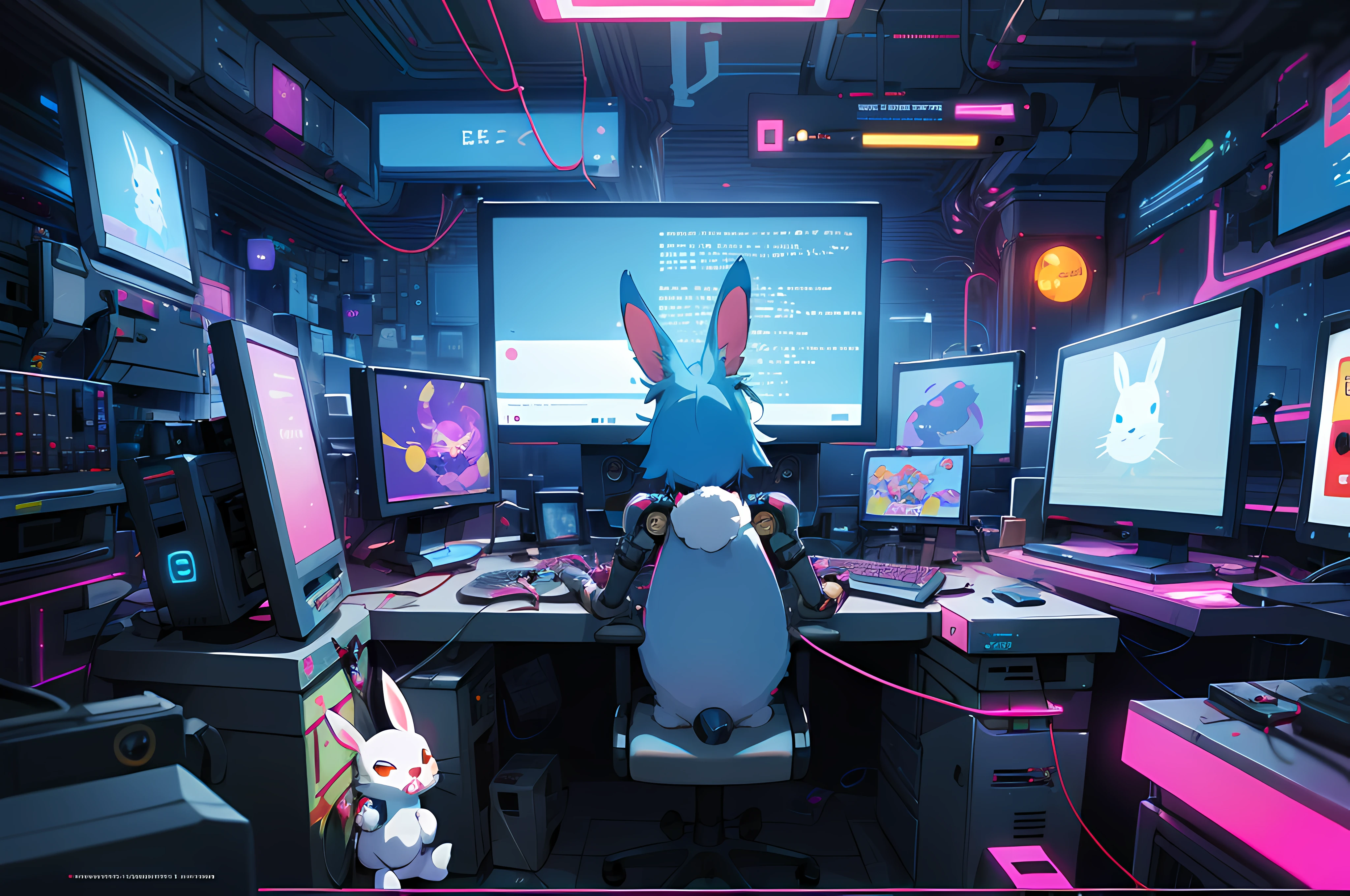 (blame! style abandoned tech landscape), (Zen, Amy Sol style), (((beats to relax/study to))), (((Lofi anthro kemono blue-furred rabbit girl in power armor sitting in metal chair behind computer terminal, behind giant glass terminal screen, beats to relax/study to))), (((blue kemono beastars furry rabbit anime hacker with small soft furry paws))), (((suspended glass cyberpunk computer terminals with robot rabbit in background))), ((glowing cyberdeck screens)), (underground, dark, foggy, perilous, abandoned dystopian apartment bedroom, deep windows), (abstract anthro rabbit figure wearing bunny ears), cover art with light abstraction, abstract, simple vector art, contemporary Cybernetic art, color gradients, soft color palettes, layered forms, whimsical animation, style Ethereal abstract, 4K, --v6