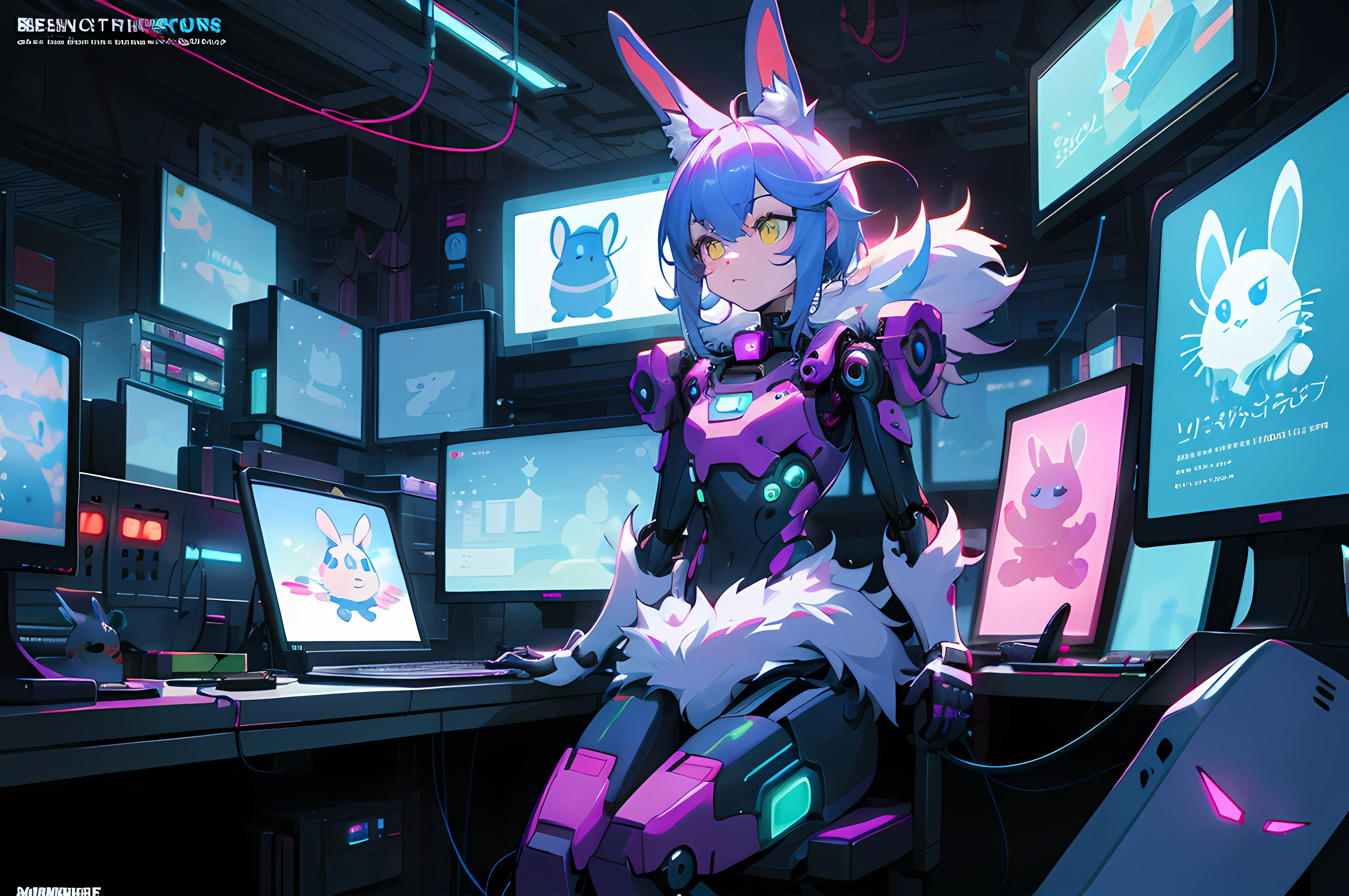 (blame! style abandoned tech landscape), (Zen, Amy Sol style), (((beats to relax/study to))), (((Lofi anthro kemono blue-furred rabbit girl in power armor sitting in metal chair behind computer terminal, behind giant glass terminal screen, beats to relax/study to))), (((blue kemono beastars furry rabbit anime hacker with small soft furry paws))), (((suspended glass cyberpunk computer terminals with robot rabbit in background))), ((glowing cyberdeck screens)), (underground, dark, foggy, perilous, abandoned dystopian apartment bedroom, deep windows), (abstract anthro rabbit figure wearing bunny ears), cover art with light abstraction, abstract, simple vector art, contemporary Cybernetic art, color gradients, soft color palettes, layered forms, whimsical animation, style Ethereal abstract, 4K, --v6