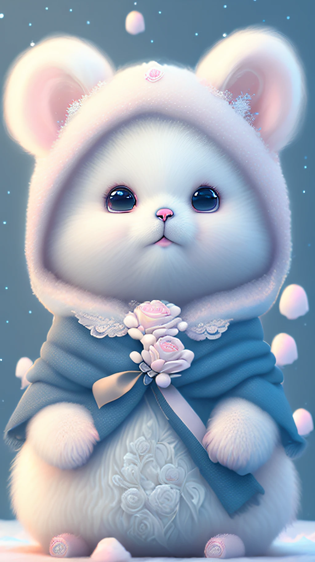 Nesta arte CG ultra-detalhada, Cute bears surrounded by ethereal roses, risos, melhor qualidade, alta resolução, detalhes intrincados, fantasia, animais bonitos, roxo, humorous, boca aberta!! Rir!!!
