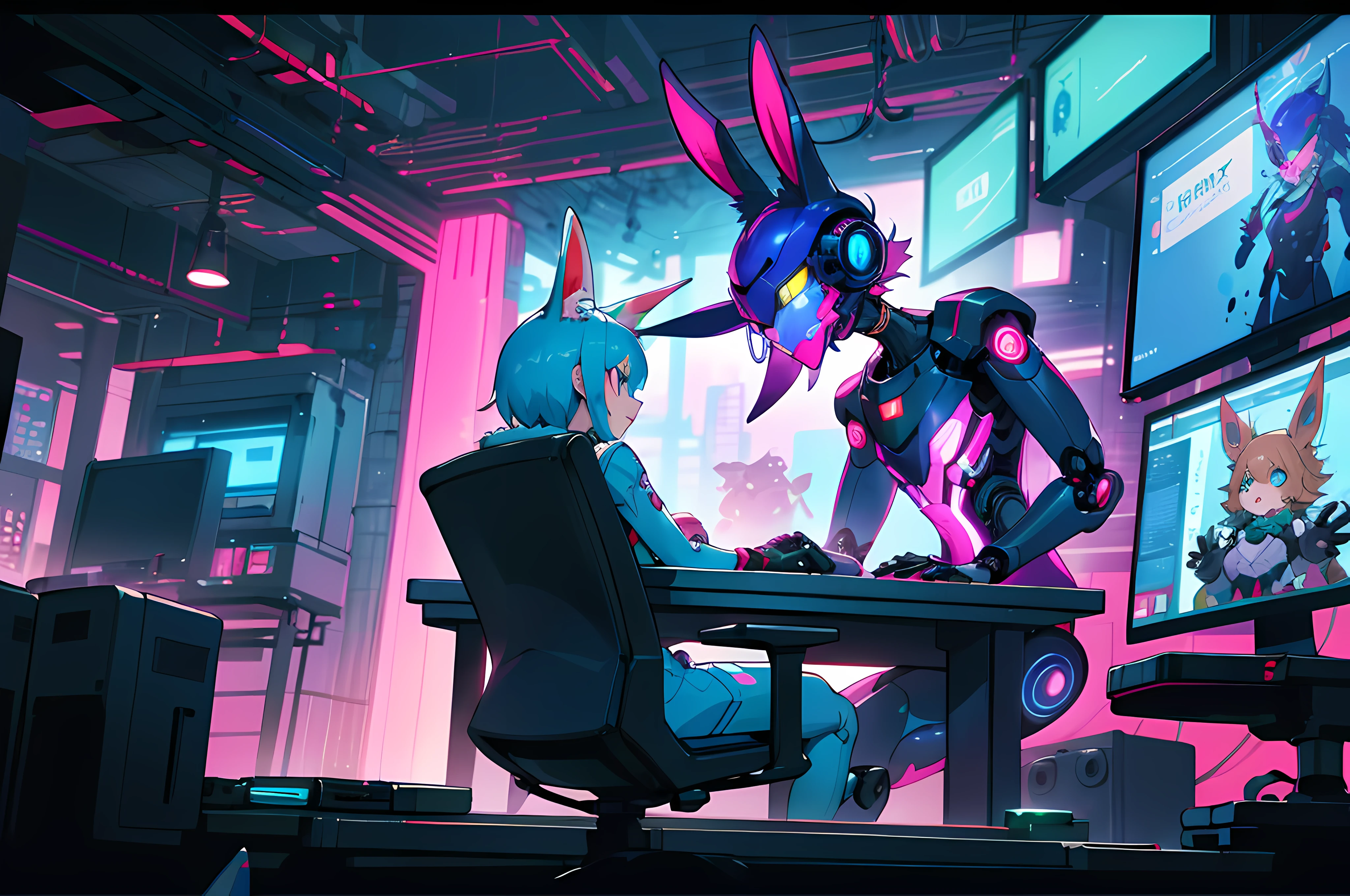 (blame! style abandoned tech landscape), (Zen, Amy Sol style), (((beats to relax/study to))), (((Lofi anthro kemono blue-furred rabbit girl in power armor sitting in metal chair behind computer terminal, behind giant glass terminal screen, beats to relax/study to))), (((blue kemono beastars furry rabbit anime hacker with small soft furry paws))), (((suspended glass cyberpunk computer terminals with robot rabbit in background))), ((glowing cyberdeck screens)), (underground, dark, foggy, perilous, abandoned dystopian apartment bedroom, deep windows), (abstract anthro rabbit figure wearing bunny ears), cover art with light abstraction, abstract, simple vector art, contemporary Cybernetic art, color gradients, soft color palettes, layered forms, whimsical animation, style Ethereal abstract, 4K, --v6